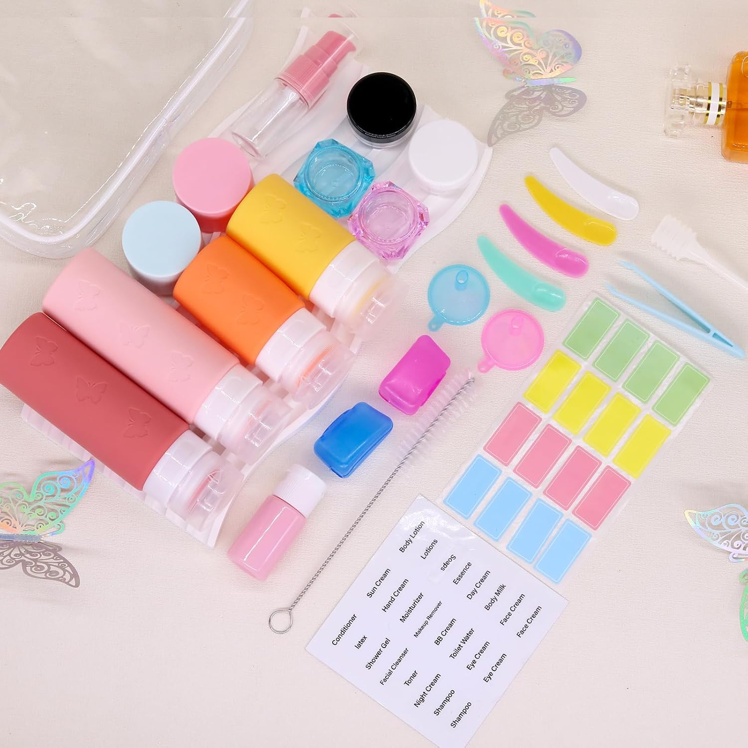 26 Pcs Travel Bottles Set for Toiletries, Squeezable Travel Bottles for Toiletries, Empty Leak Proof Refillable Silicone Travel Containers Set for Shampoo Conditioner, TSA Approved Travel Accessories - Orange/Yellow/Light Pink/Peach image number 4