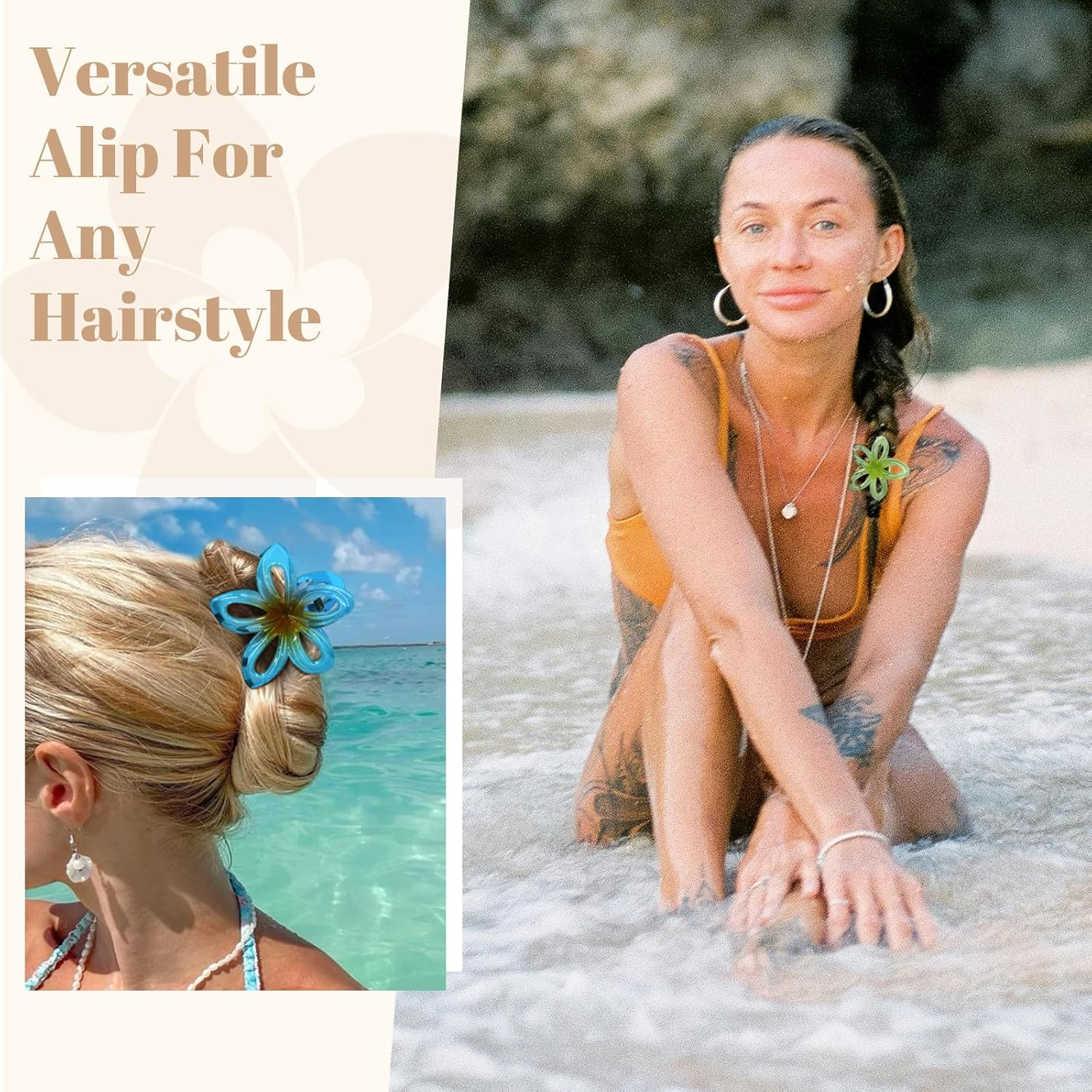 Euqvunn Flower Hair Clips 6Pcs, Hair Claw Clips Flower Claw Clips for Thick Hair, Hawaiian Flower Clips for Hair Non-Slip, Plumeria Hair Accessories Hairstyle Gifts for Women and Girl image number 3