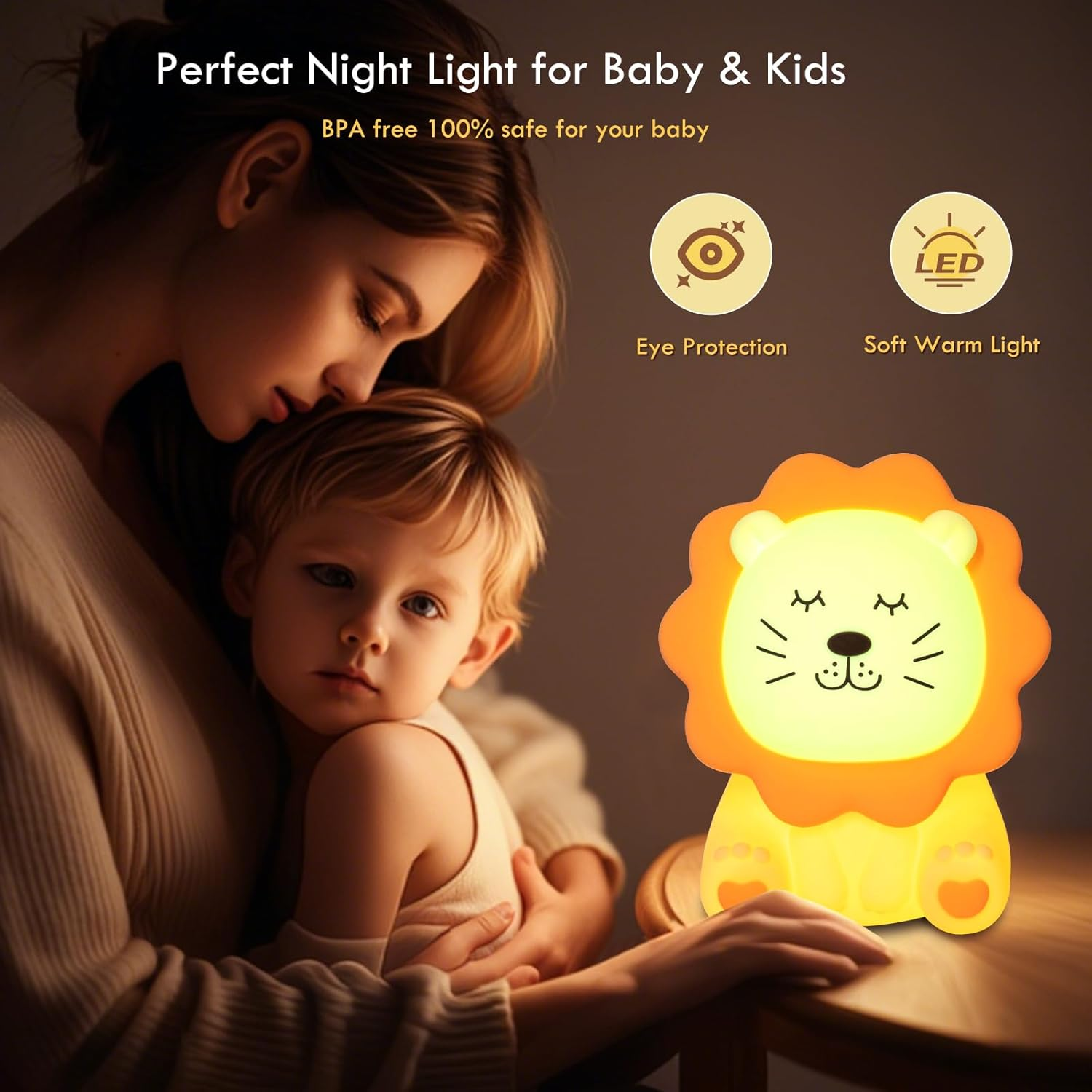 Night Light for Kids, 7 Colors Soft Silicone Kids Night Light with 3 Level Dimmable, Rechargeable Anti-Glare Nursery Night Light with Warm White & Multicolor, Squishy Cute Lion Bedside Touch Lamp image number 4