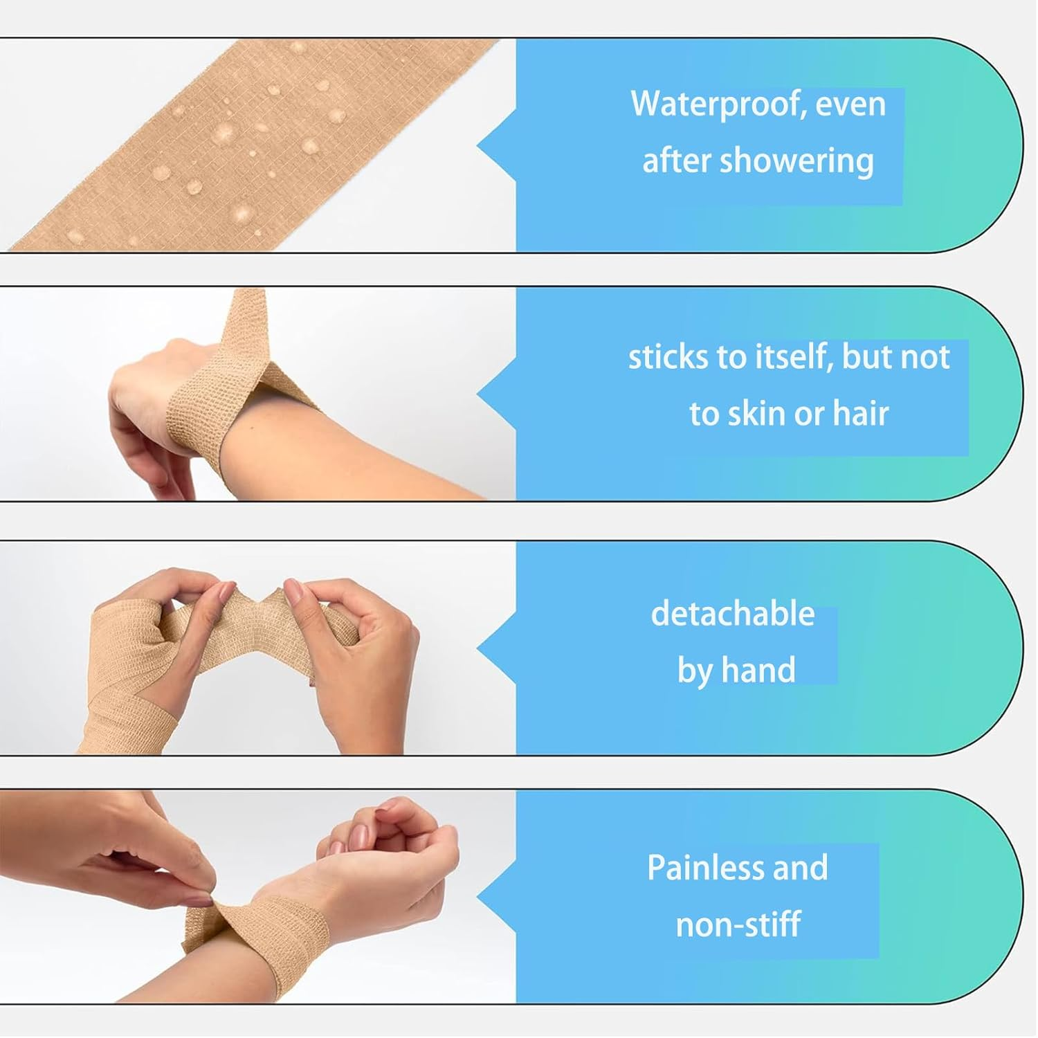 Self Adherent Wrap Tape, 8 Rolls 1'' X 5Yards Strapping Tape, Stretch Breathable Athletic Bandage, First Aid Cohesive Bandage for Sports, Human,Ankle Sprains,Vet Wrap,Swelling image number 3