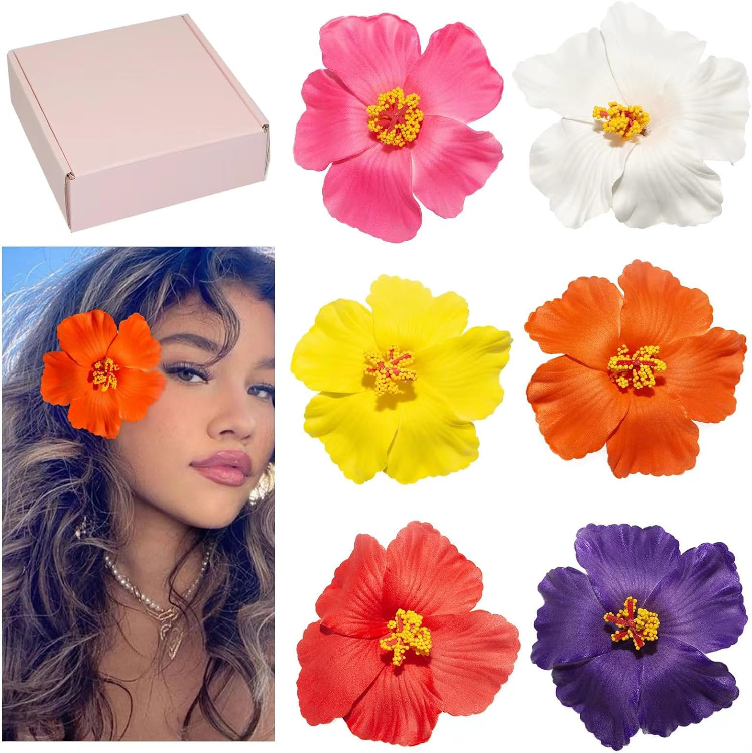 Hawaiian Flower Hair Clips for Women, 6Pcs Hibiscus Hair Clips for Thick Thin Hair, 3.5 Inch Artificial Flower Clips for Vacation Beach Party image number 2