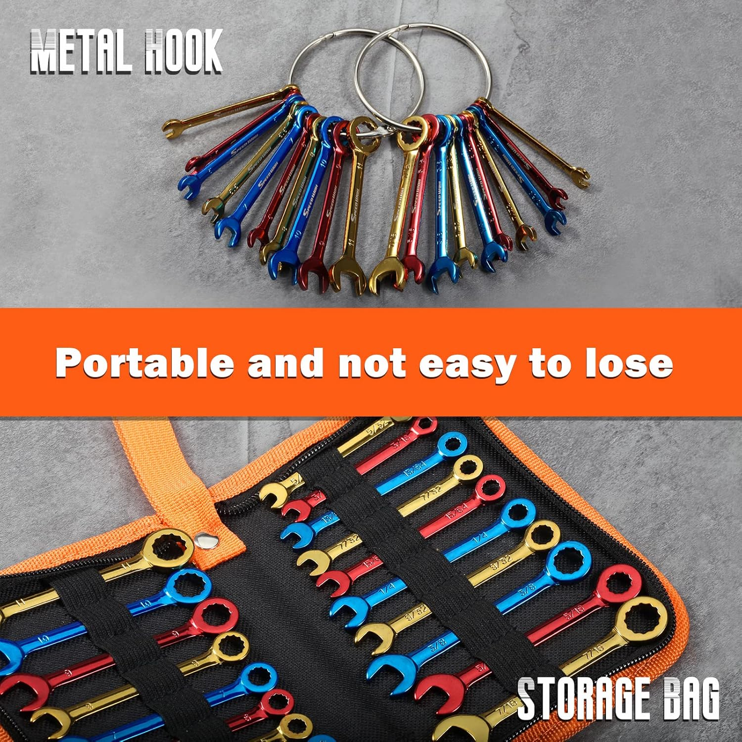 LEONTOOL Small Combination Wrench Sets Metric and Standard 20 PCS 4-11Mm & 5/32" to 7/16" Color Plated Open and Box End Mini Wrenches with Key Ring Ignition Wrench Set with Zipper Bag image number 4