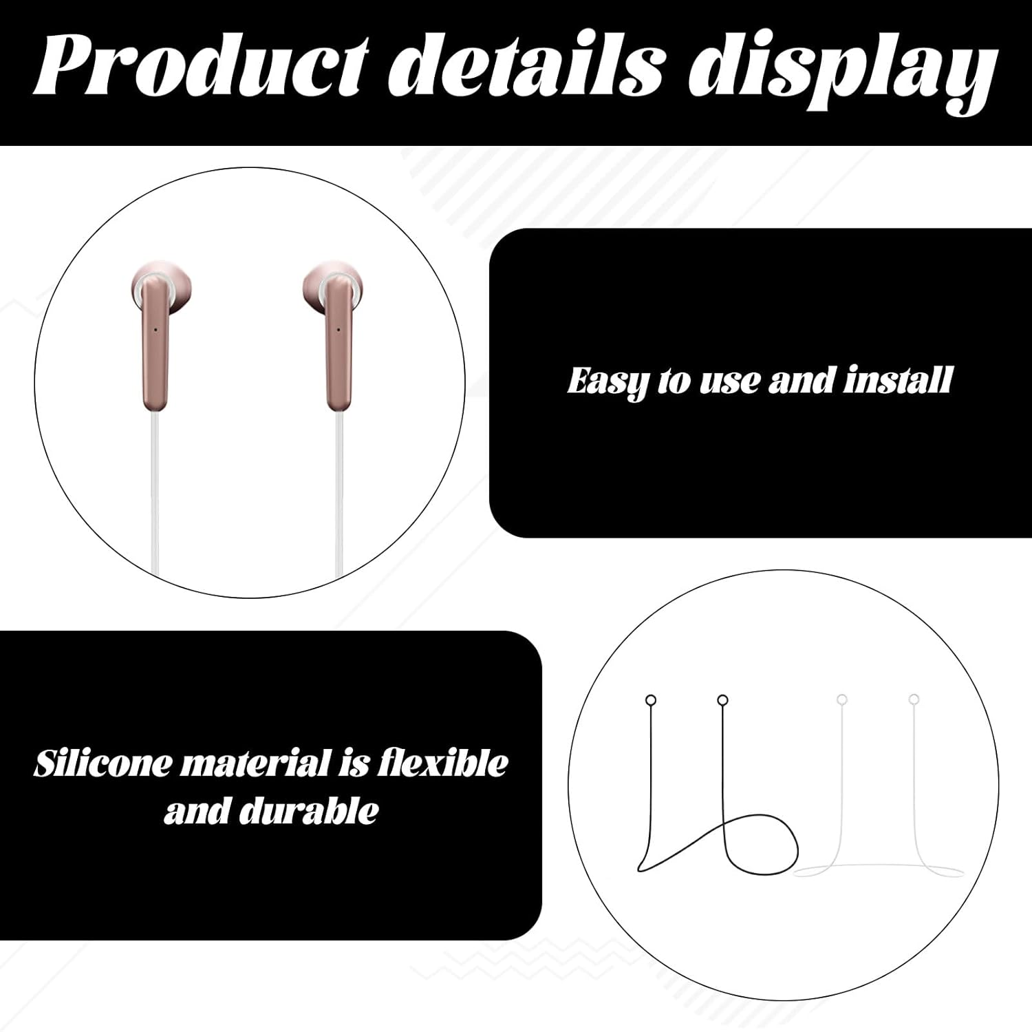 2Pcs Earplug Lanyard, Cord Lanyards, Soft Durable Flexible Silicone Earplug Connection Cable with Flexible Silicone Strap for Convenient Safe Hold of Earplugs, Earphones & Earbuds(Black and White) image number 4