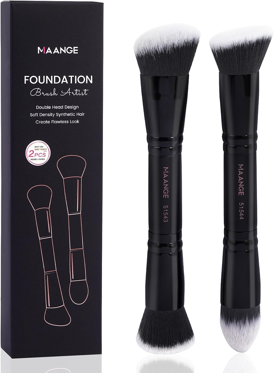 MAANGE Foundation Makeup Brushes, 2Pcs Premium Double-Ended Makeup Brush (Flat/Angled/Angled Round/Tapered Top) for Buffing Liquid, Cream, Powder, Blending Contour Face Brush(Pink/Gold)