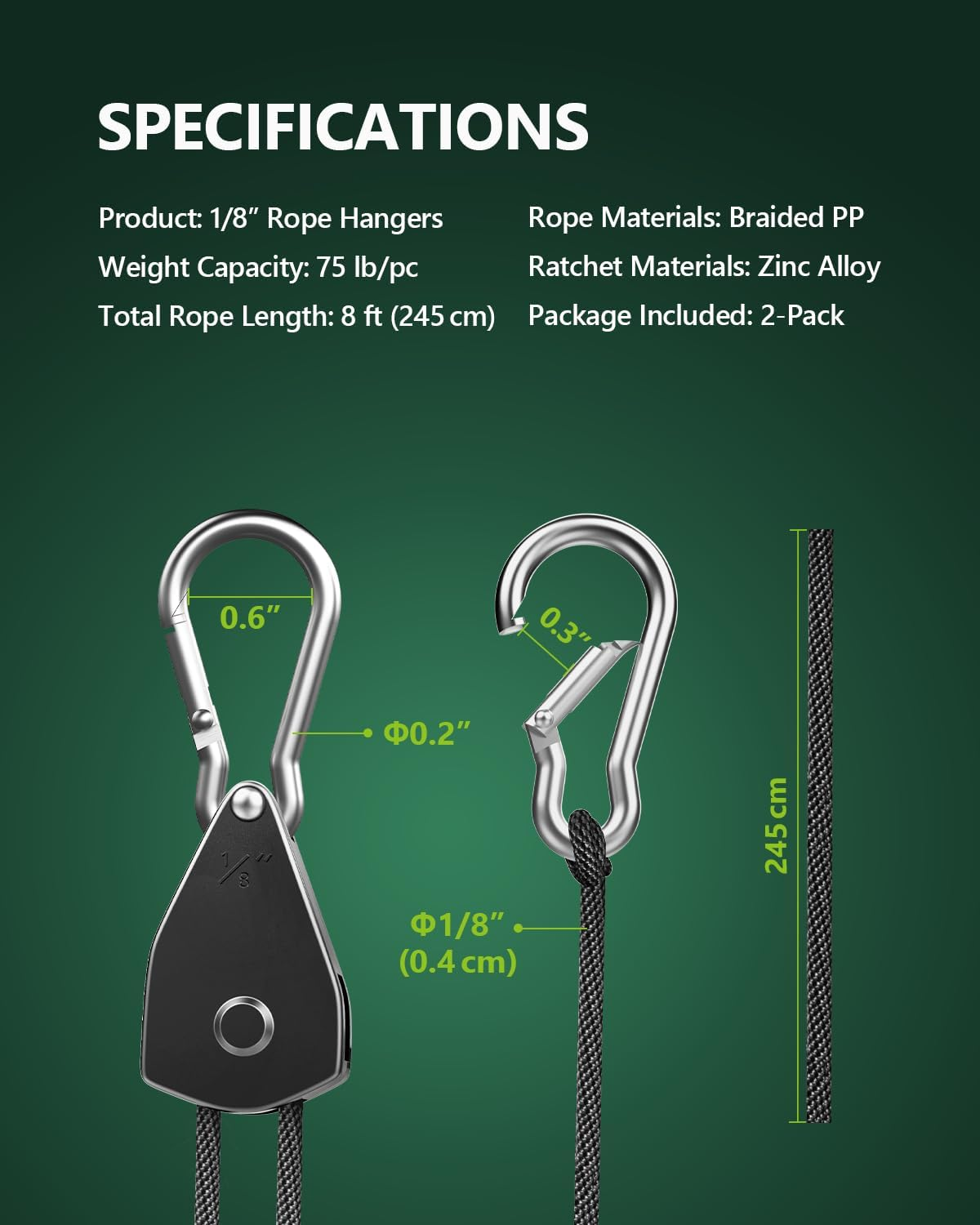 2-Pack 1/8&rdquo; Adjustable Rope Hanger, Heavy Duty Ratchet Tie down Strap with Reinforced Metal Gear, Ratcheting Pulley System Bungee Cord for Hanging Plants Grow Light and Various Tie-Down Uses