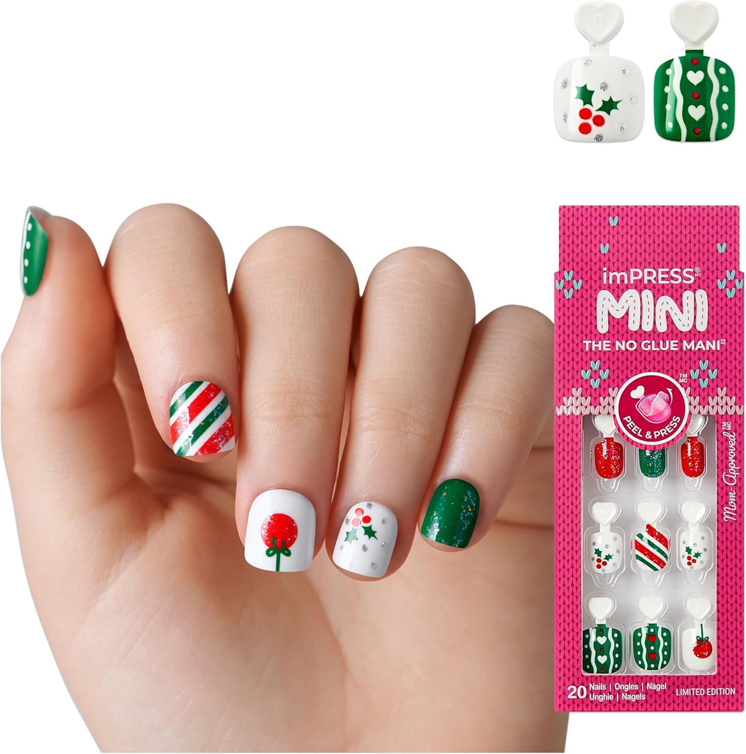 KISS Impress Mini Holiday Press on Nails for Kids, &lsquo;Snow Angel&rsquo;, Red, Child Size, Squoval Shaped, Mess-Free, Mom Approved, Non-Toxic, Breakaway Application Tabs, Nail File, 20 Fake Nails