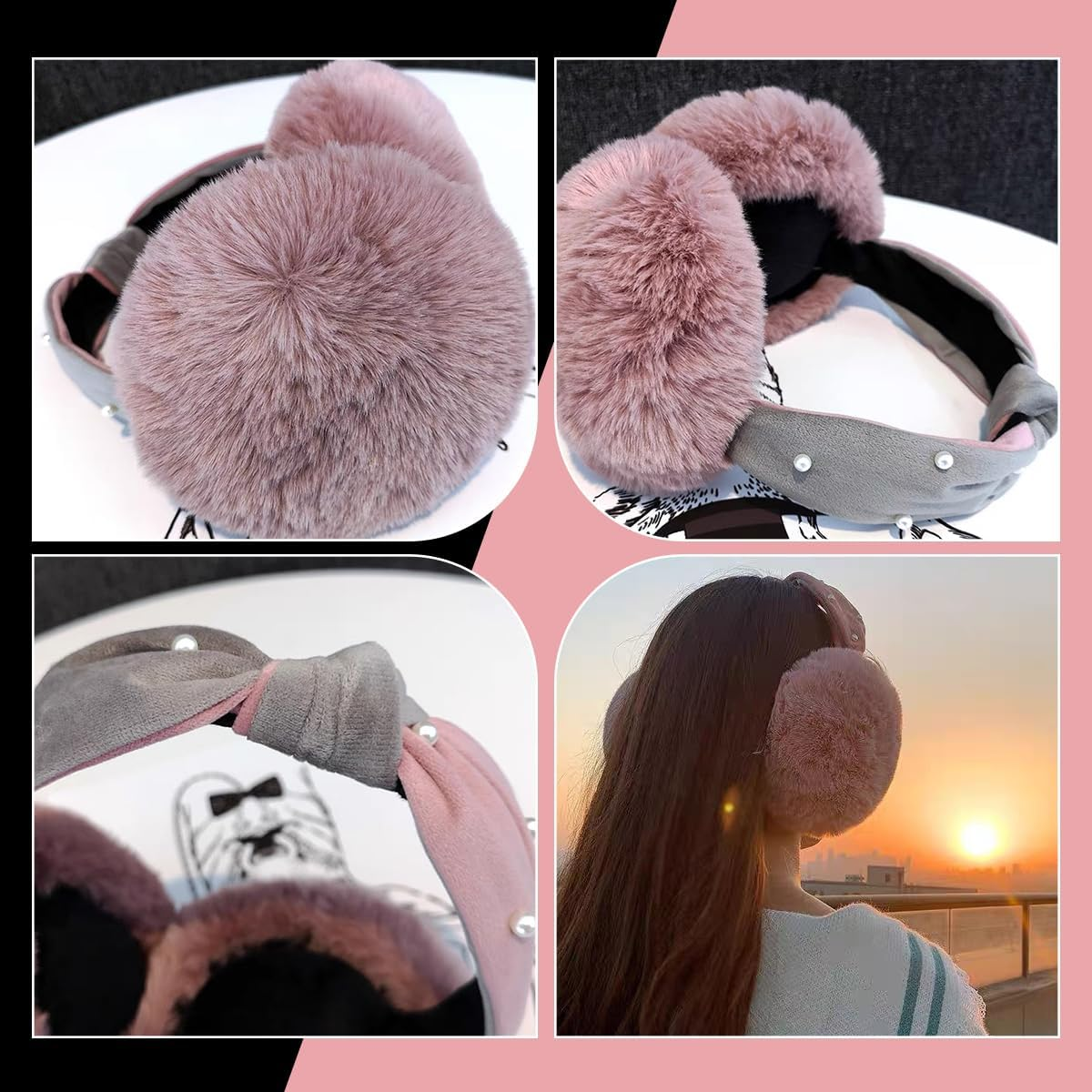 Winter Earmuff,Keep Ear Warm,Folding Warm Pearl Ear Muffs, Fluffy Earmuffs for Girls Women Outdoor (Black) image number 5