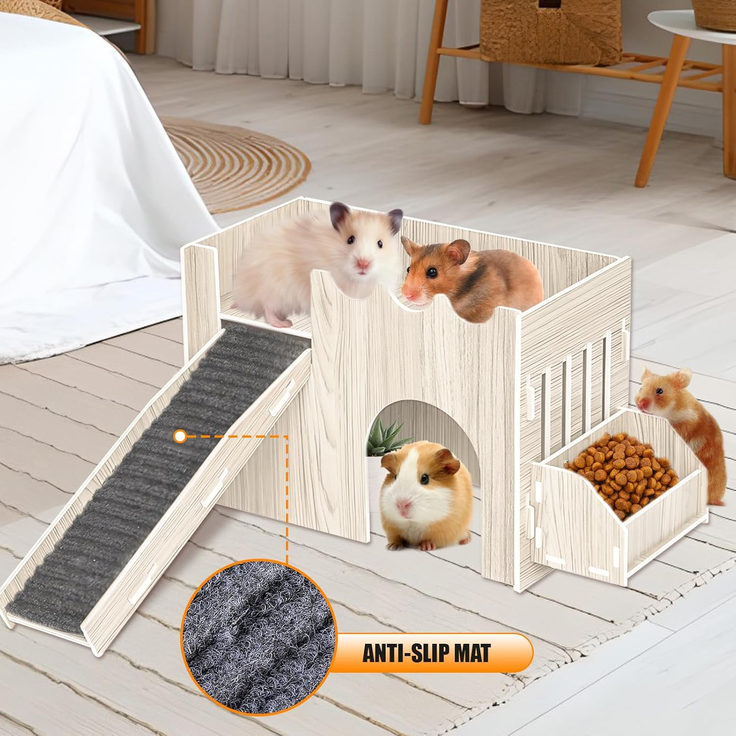 Wooden Guinea Pig Castle, Guinea Pig Houses and Hideouts with Feeding Basin, Rabbit Castle for Indoor Bunnies (Beige Color) image number 5