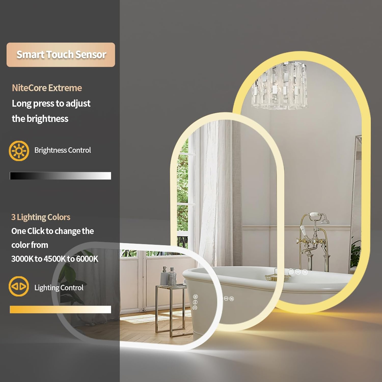 LUVODI Oval LED Bathroom Mirror: 600X1200Mm Wall Lighted Vanity Mirrors with Anti-Fog 3 Colors Dimmable Lighting Smart Switch Memory Function Plug-In Makeup Mirror Vertical or Horizontal image number 2