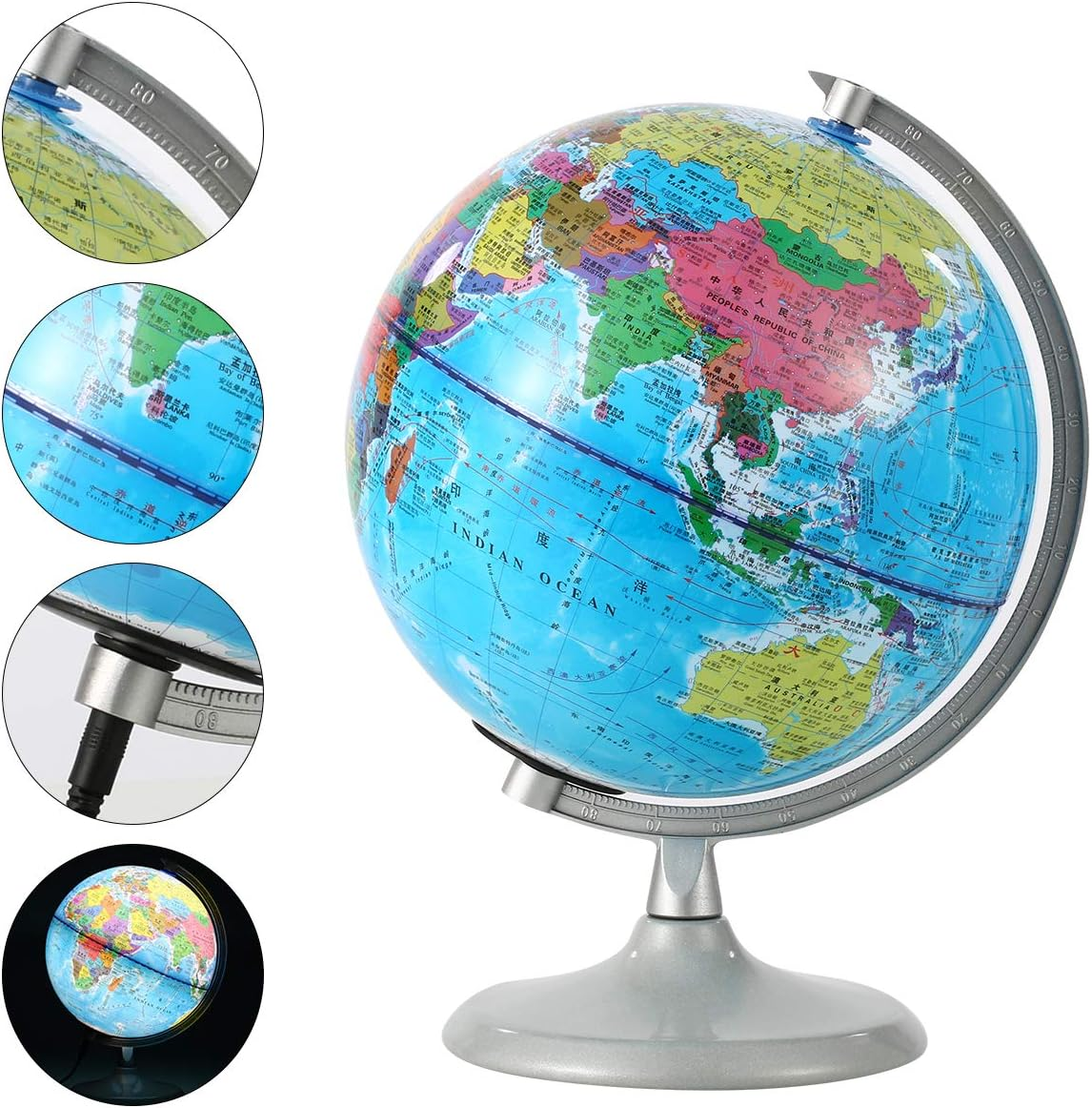 Sh-Ruidu 20Cm World Globe with Night Light, Standing Educational Geographic Globe with Boundaries City Locations(Chinese-English) image number 1