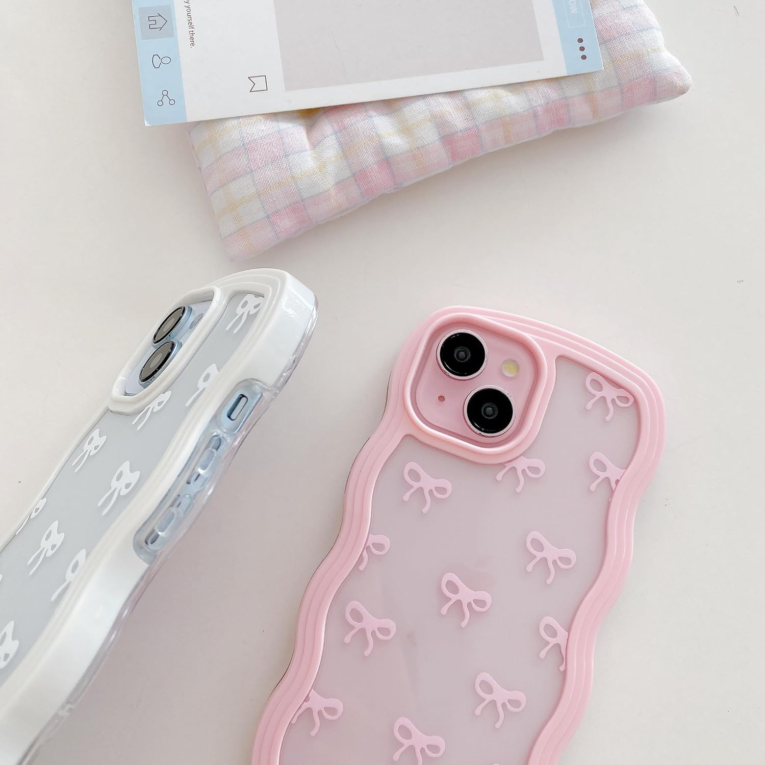 QLTYPRI Bow Case for Iphone 13/Iphone 14, Clear Cute Ribbon Bow Phone Case Curly Wavy Aesthetic Phone Case, Slim Soft Transparent Shockproof Protective Cover for Women Girls - White image number 4