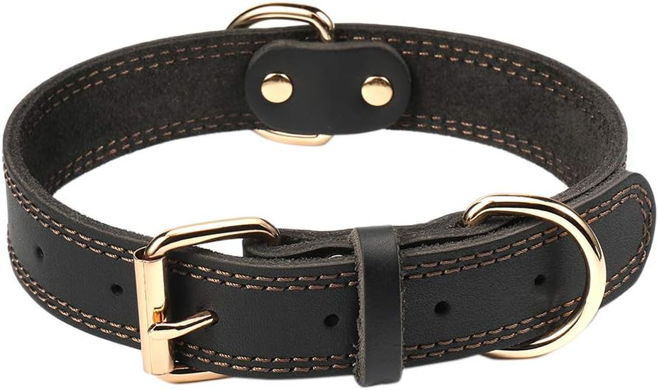 Genuine Leather Heavy Duty Wide Dog Collar, Dual Stitch - Brown (L: 1.2" Wide for 17"-23" Neck, Suitable for Small to Extra Large Dogs)