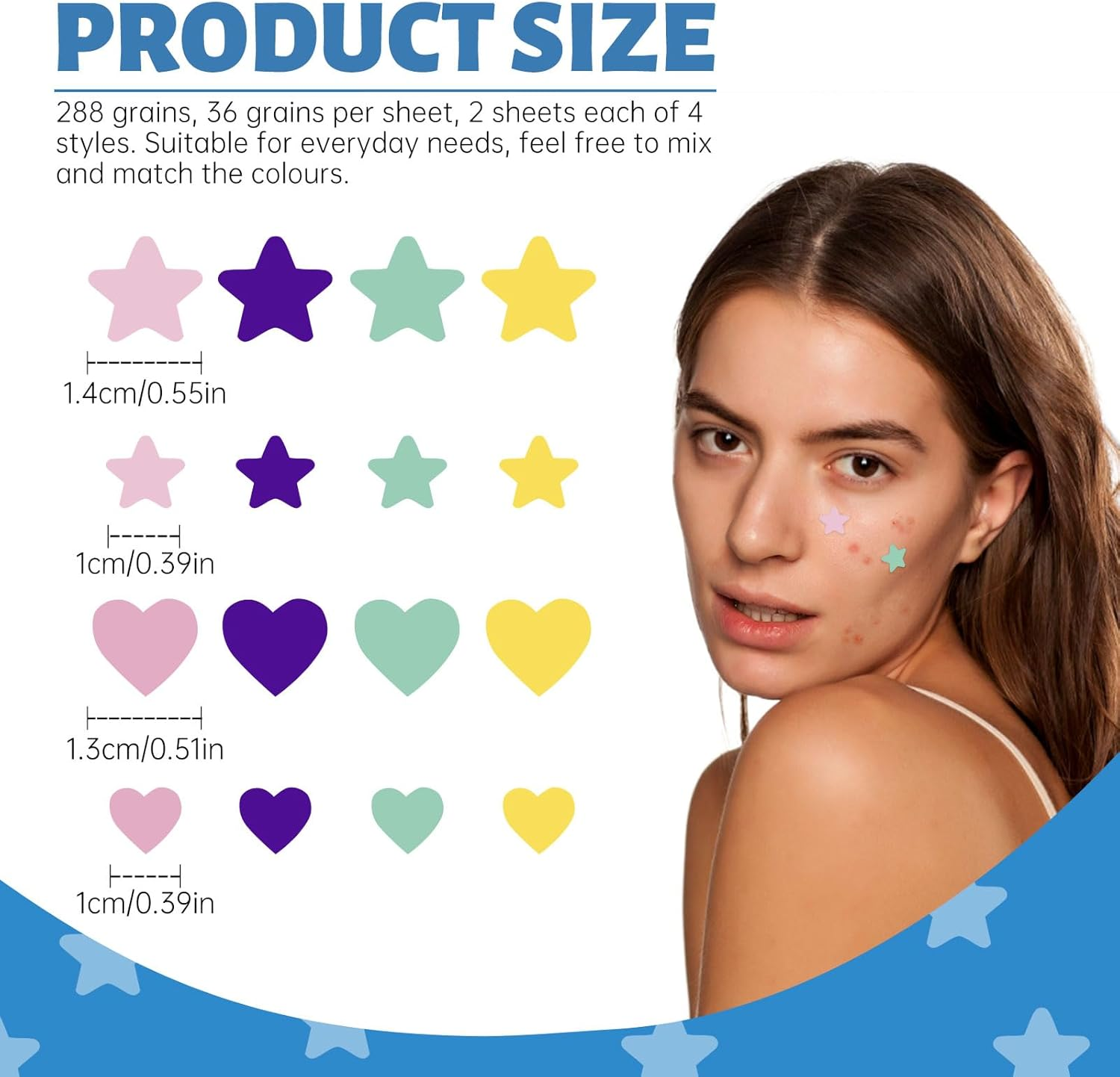 288Pcs Hydrocolloid Acne Patches, Multiple Colors Star Pimple Patch Pimple Patches, Cute Acne Patches in Multiple Sizes for Day and Night (2 Sheets * 4 Patterns) image number 1