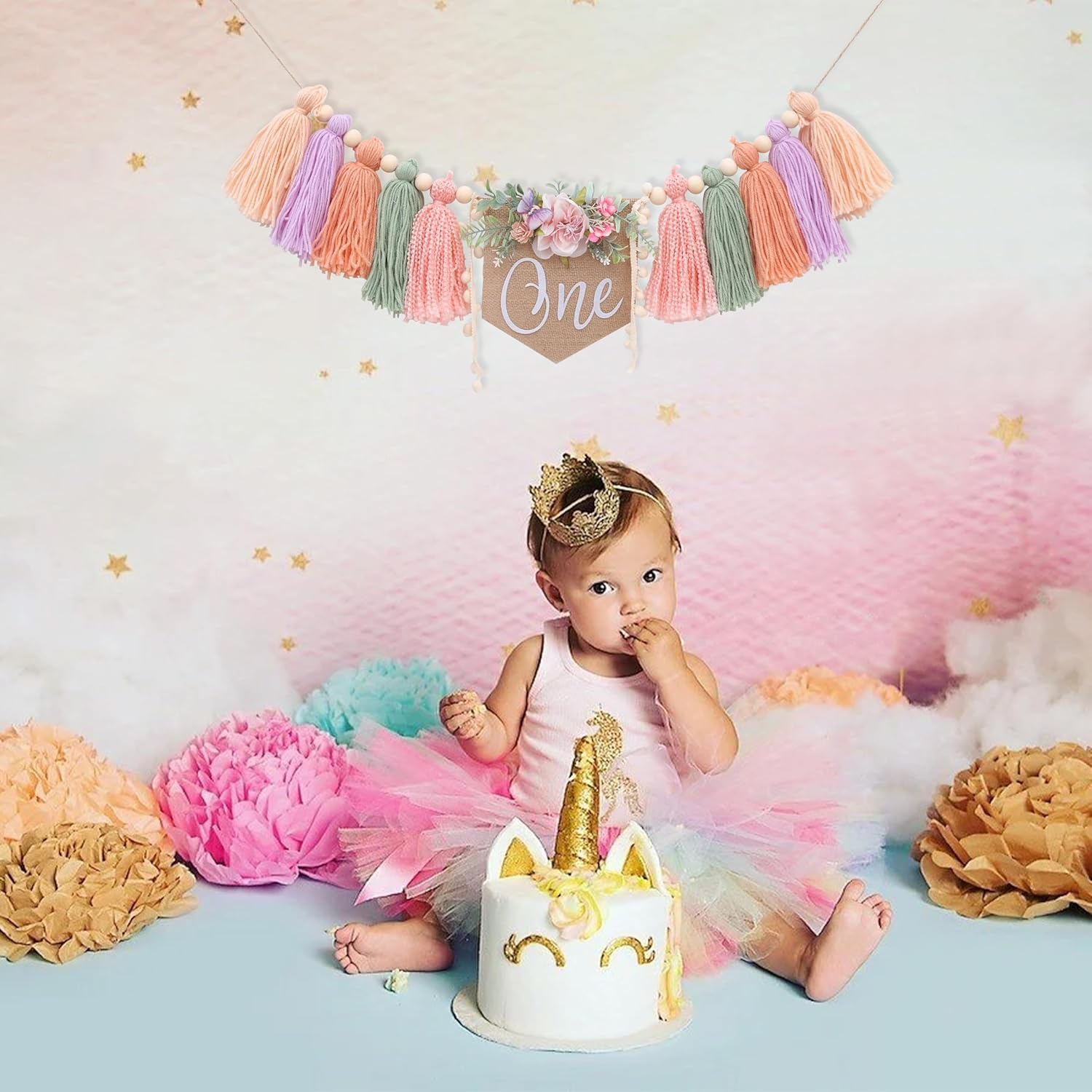 Wildflower 1St Birthday High Chair Banner - Bohemian Birthday Party Decoration, Flower Theme Party Tassel, Flower High Chair Wreath, Daisy Cake Crush Background image number 5