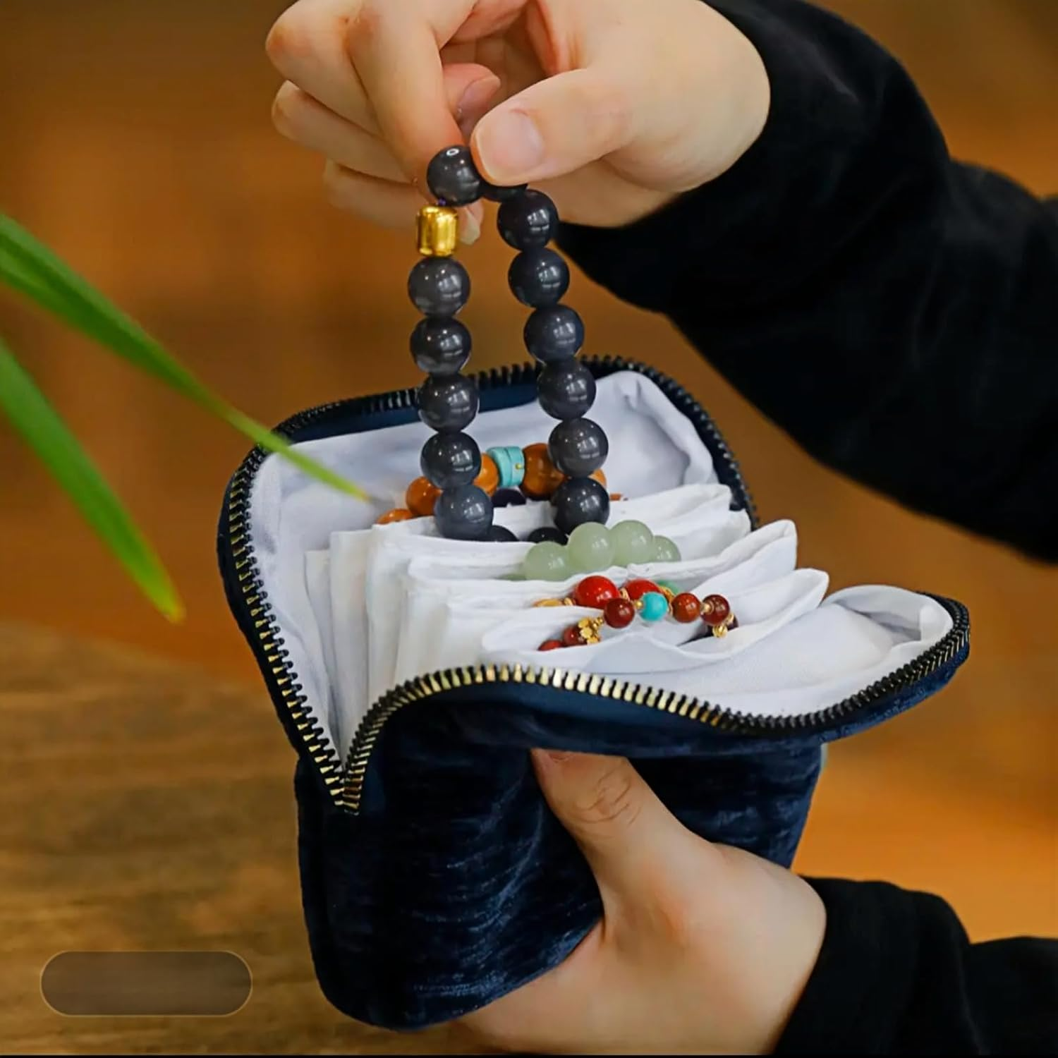 Kawlxpp Premium Travel Jewelry Case Organizer for Rings, Bracelets & Bangles,Jewelry Roll with Tassel Zipper,Compact & Scratch-Proof(Navy)