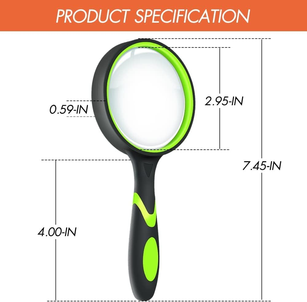 2 Pack 10X Magnifying Glass for Seniors & Kids, Non-Slip Handheld Magnifier for Reading, 75Mm Magnify Glasses Lens for Close Work, Science and Hobby Observation（Green and Orange image number 2