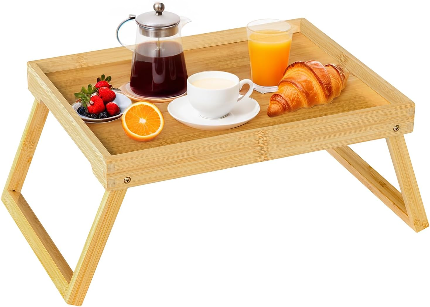 Bamboo Bed Tray Table with Folding Leg, Breakfast in Bed Tray for Eating, Kitchen Serving Tray, Sofa or Working, Laptop Desk Snack Tray in Bed (1, Beige) image number 4