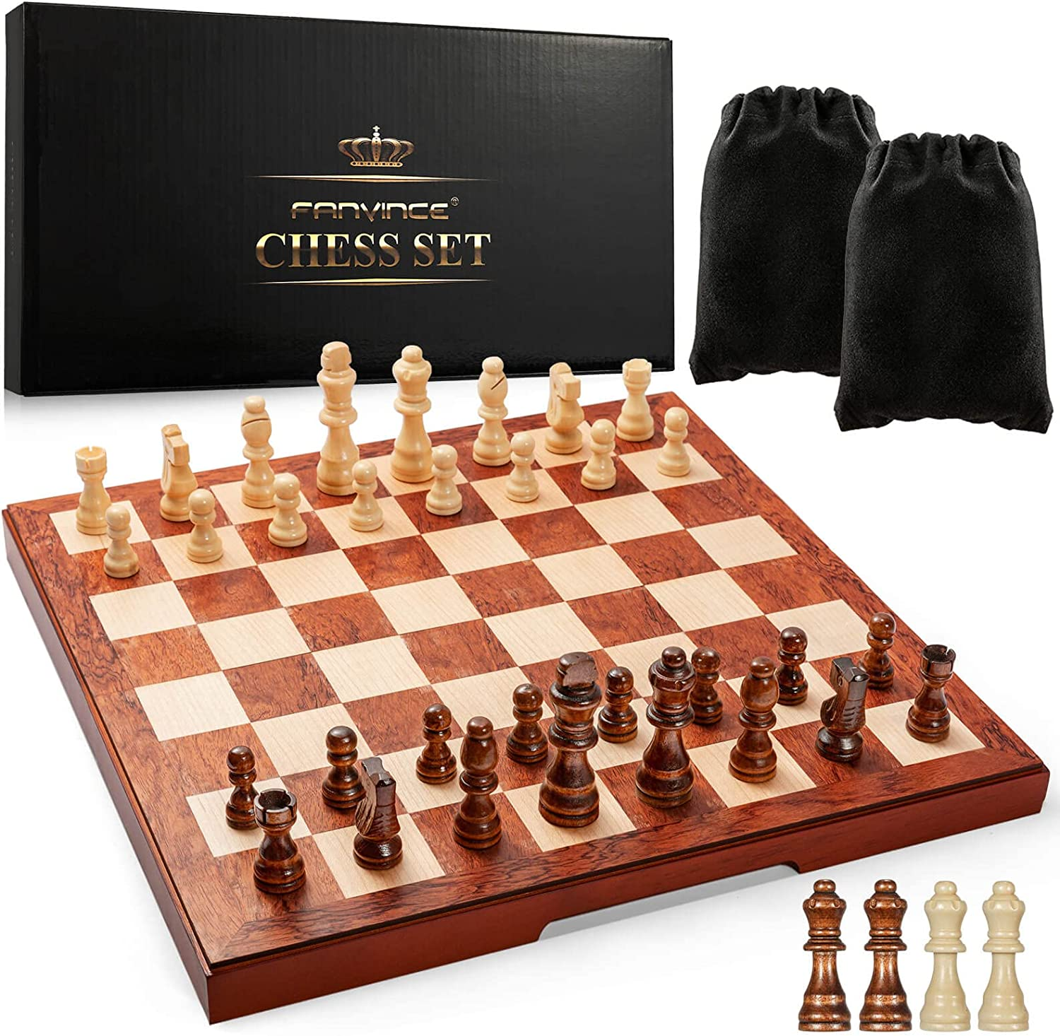 Chess Set Wooden Board Games 38Cm Travel Staunton Handmade Folding Wood with Interior Storage 2 Extra Queens for Kids Adults image number 3