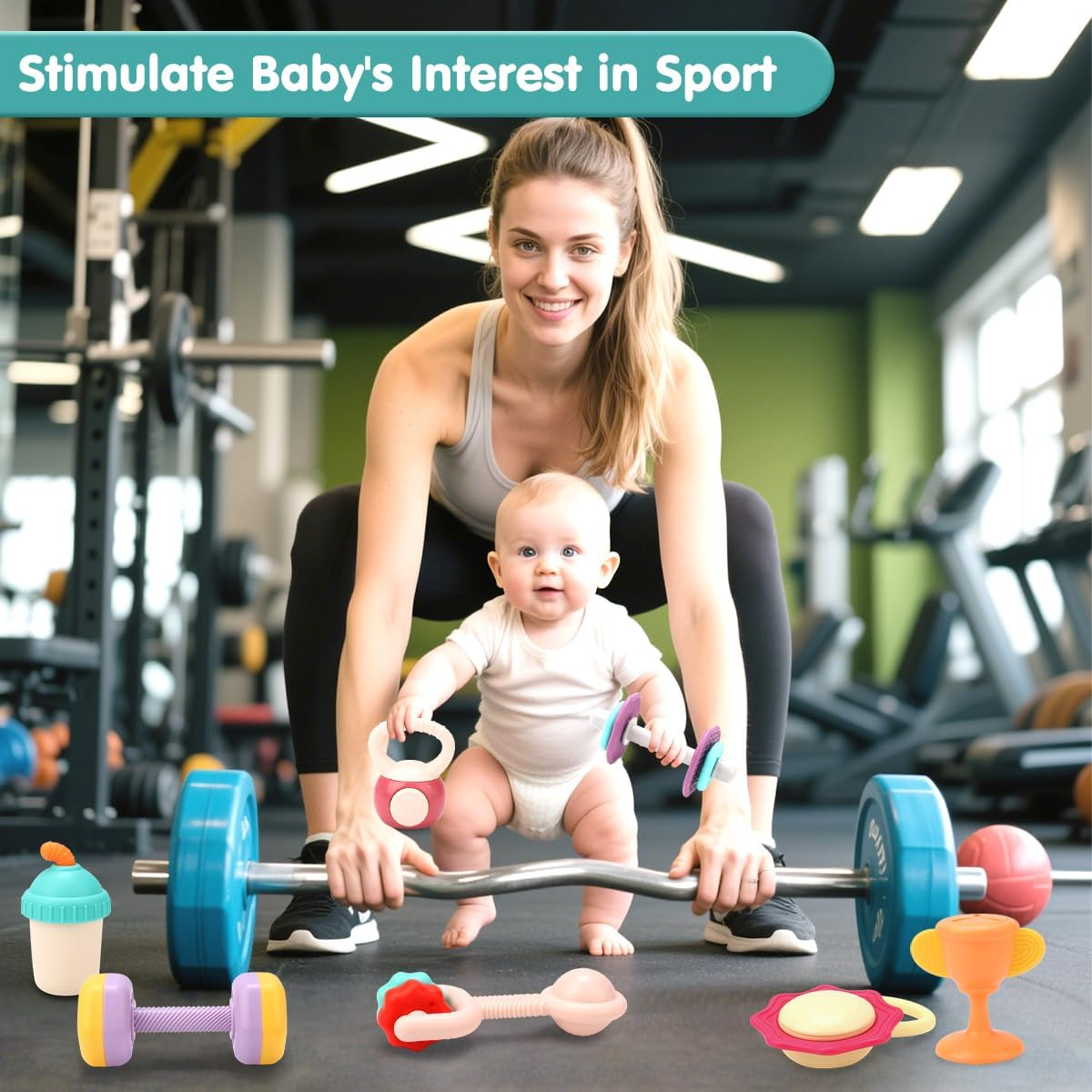 Kaekid Baby First Gym Rattle Set, Infant Dumbbell Weights Teething Rattles 3-6-12 Month, Babies Development Sensory Toys with Storage Box, Newborn Boys and Girls Birthday Gift image number 3