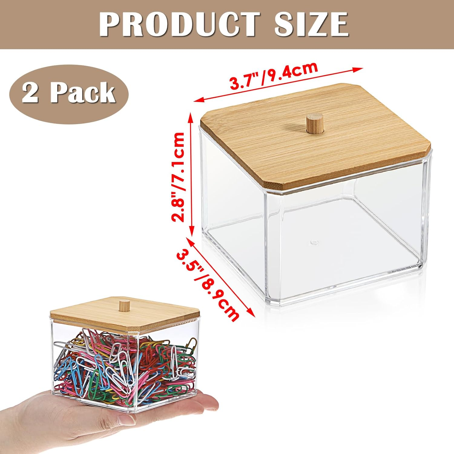 BTSKY 2 Pack Clear Stackable Paper Clip Holder with Bamboo Lid Paperclip Box Thick Acrylic Office Supply Accessory Organizer Square Small Storage Holder Cute Qtip Holder for Office Bathroom Vanity image number 5