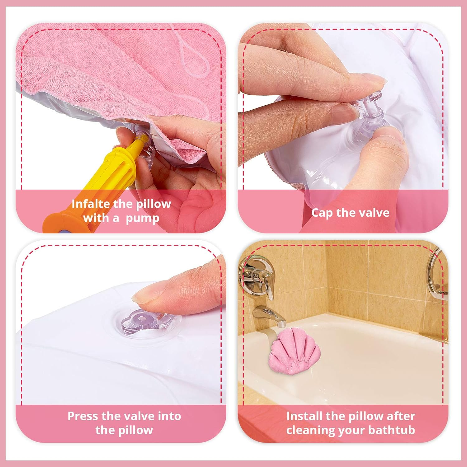 2 Pieces Inflatable Bath Pillow with Suction Cups, Terry Cloth Covered Bath Pillow Shell Shape Bathtub Spa Pillow Comfortable Soft Bath Cushion, Neck Support for Bathtub, Hot Tub, Home Spa Tub image number 3