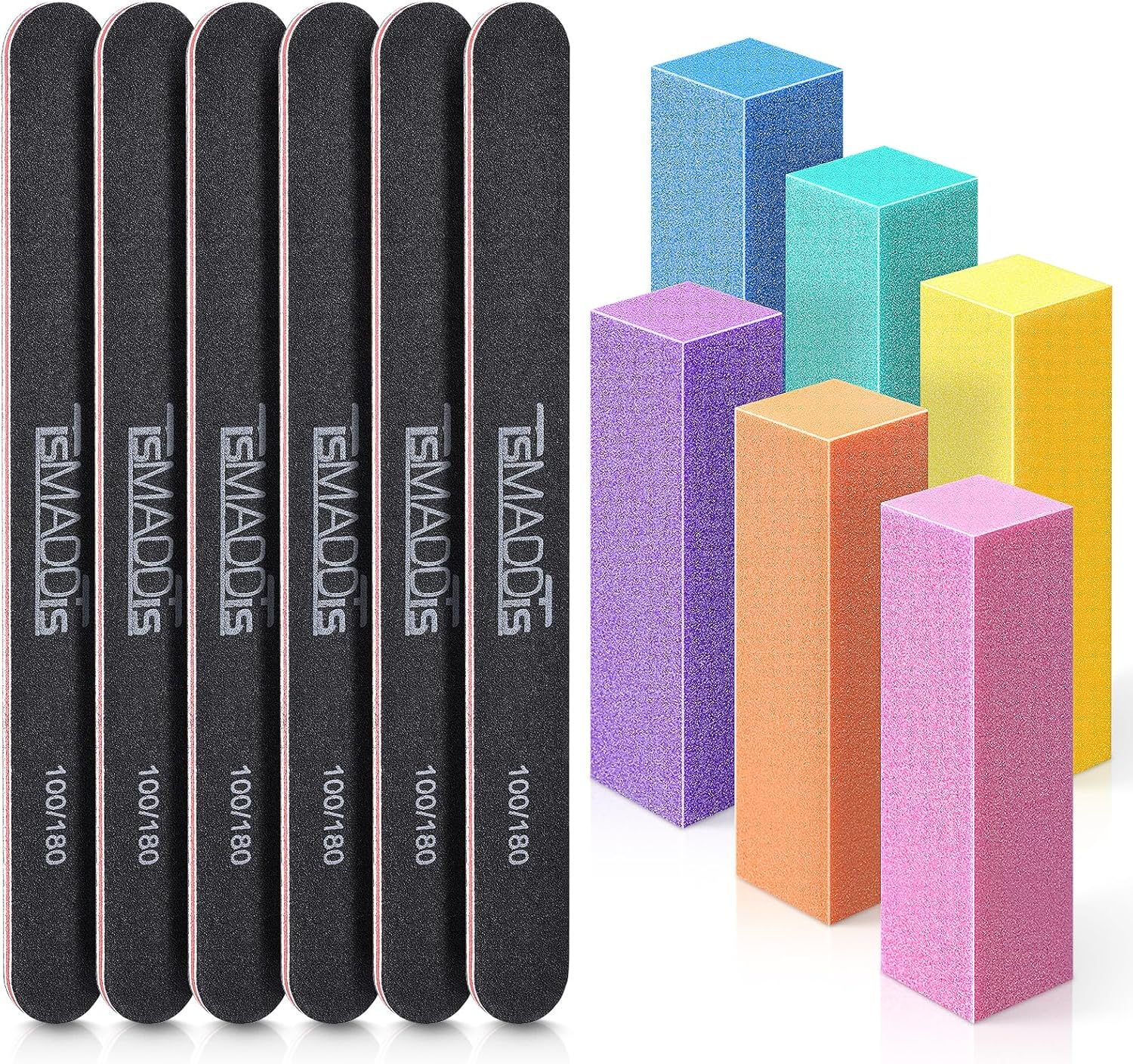 Tsmaddts Nail Files and Buffers, Professional Manicure Tools Kit Rectangular Art Care Buffer Block Tools 100 180 Grit 12Pcs(Black)
