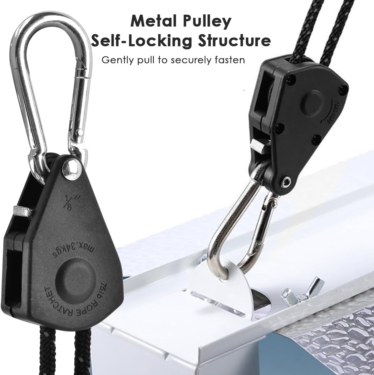 4M Reflective Tent Guy Ropes Ratchet 4PCS, 4Mm Tent Guy Ropes Tensioners with Pulley, Adjustable Tent Camping Rope Cord Heavy Duty Tent Guide Rope Grow Lights Ratchet Hangers for Awning Camping Hiking image number 2