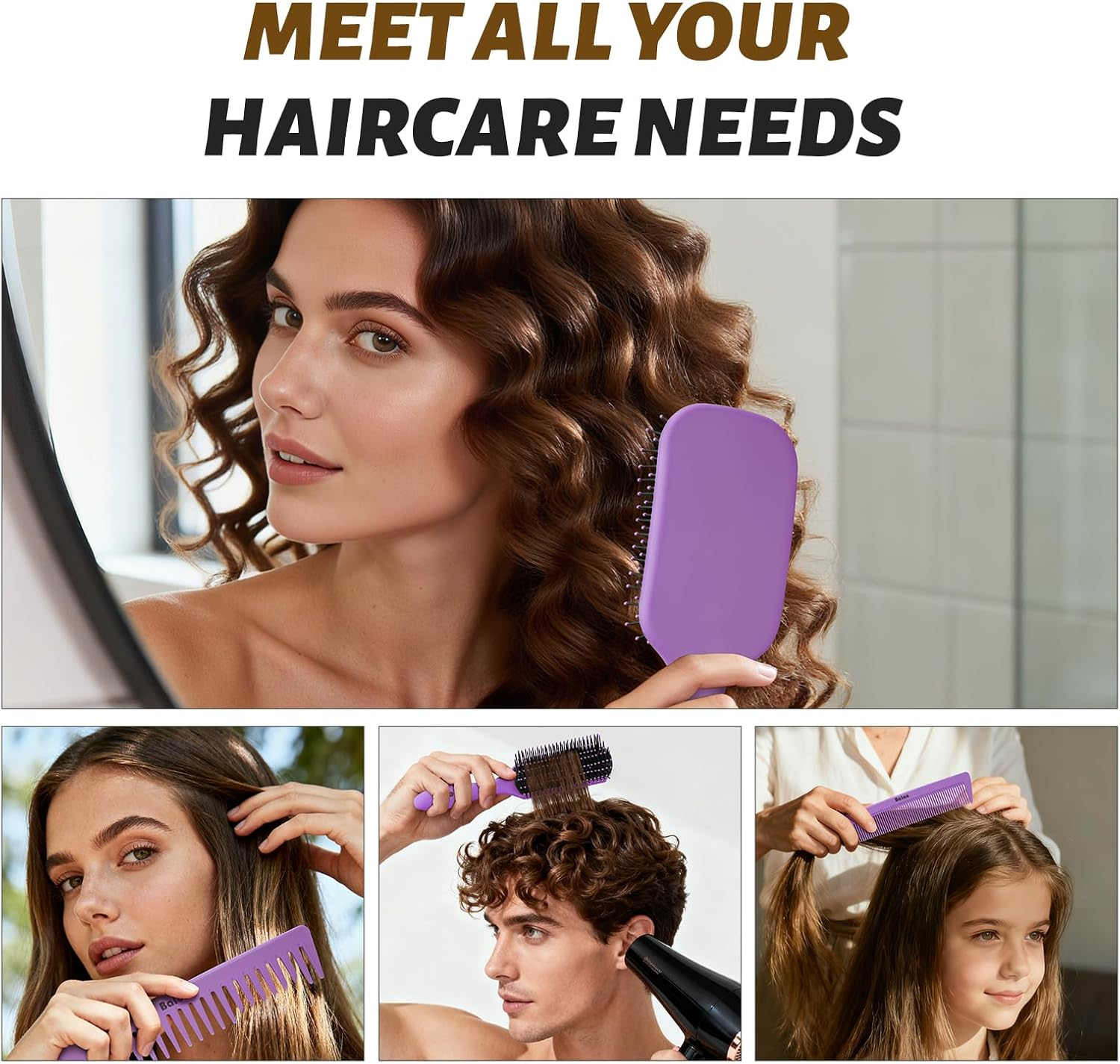 (Purple) - 4Pcs Hair Brush Women, Hair Comb for Women and Detangling Paddle Brush, Great on Wet or Dry Hair, No More Tangle Hair Brush Set for Straight Long Thick Curly Natural Hair (Purple) - Black image number 6