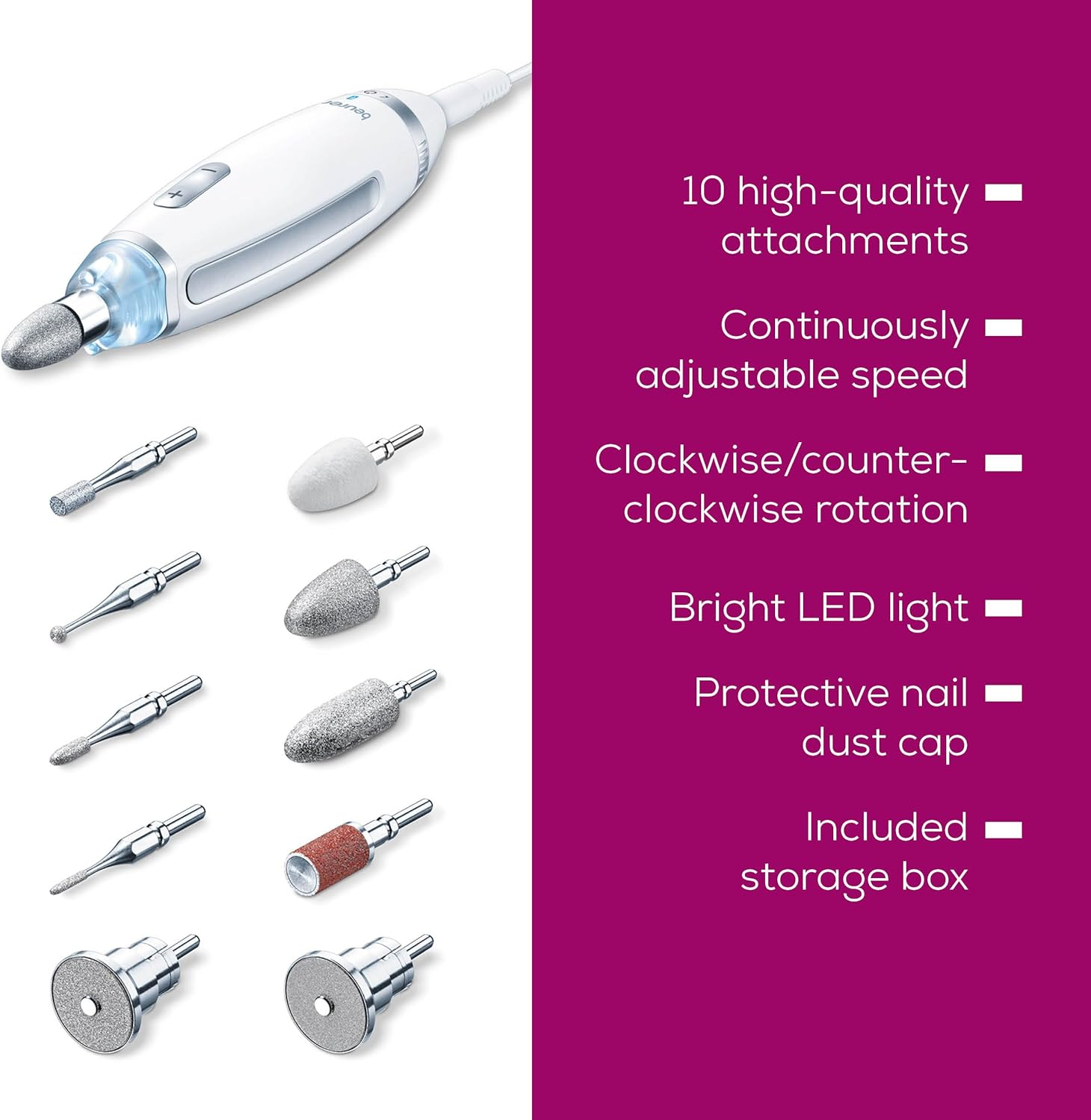 Beurer MP62 Professional Nail Drill Kit, Portable Electric File Machine with 10 Attachments & 10 Sanding Bands, Efile Dremel for Acrylic Gel Manicure and Pedicure, LED Light, with Storage Case, MP62