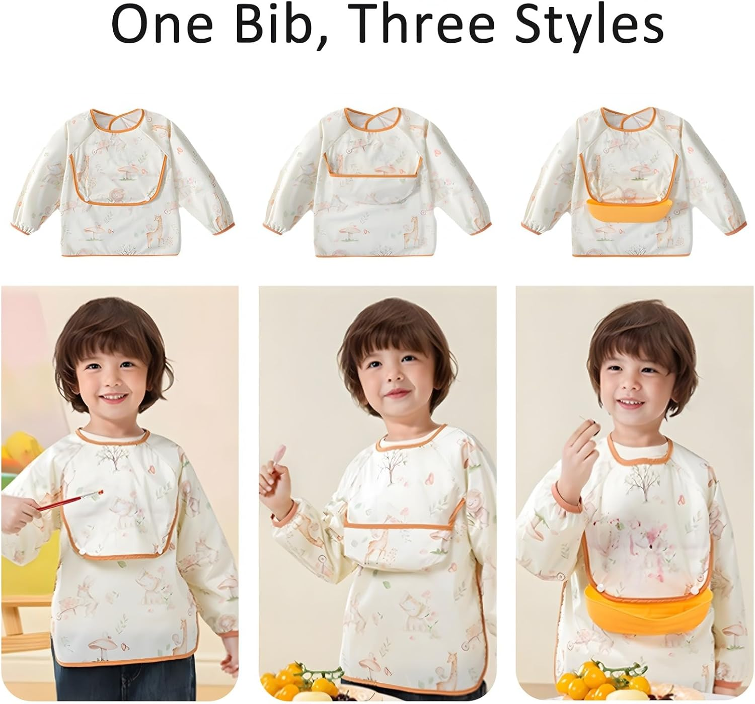 Long Sleeve Bib with Silicone Catch Pocket, Waterproof Feeding Bibs for Toddlers, Machine Washable, Baby Smock Bib for Mealtime & Playtime