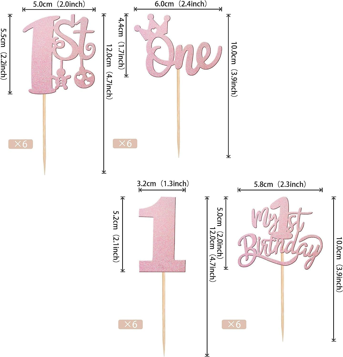 SYKYCTCY 24 Pack One Birthday Cupcake Toppers Glitter Happy 1St Birthday Cupcake Picks Crown Happy Birthday Cake Decorations for First Baby Shower Anniversary Party Supplies (Pink) image number 6
