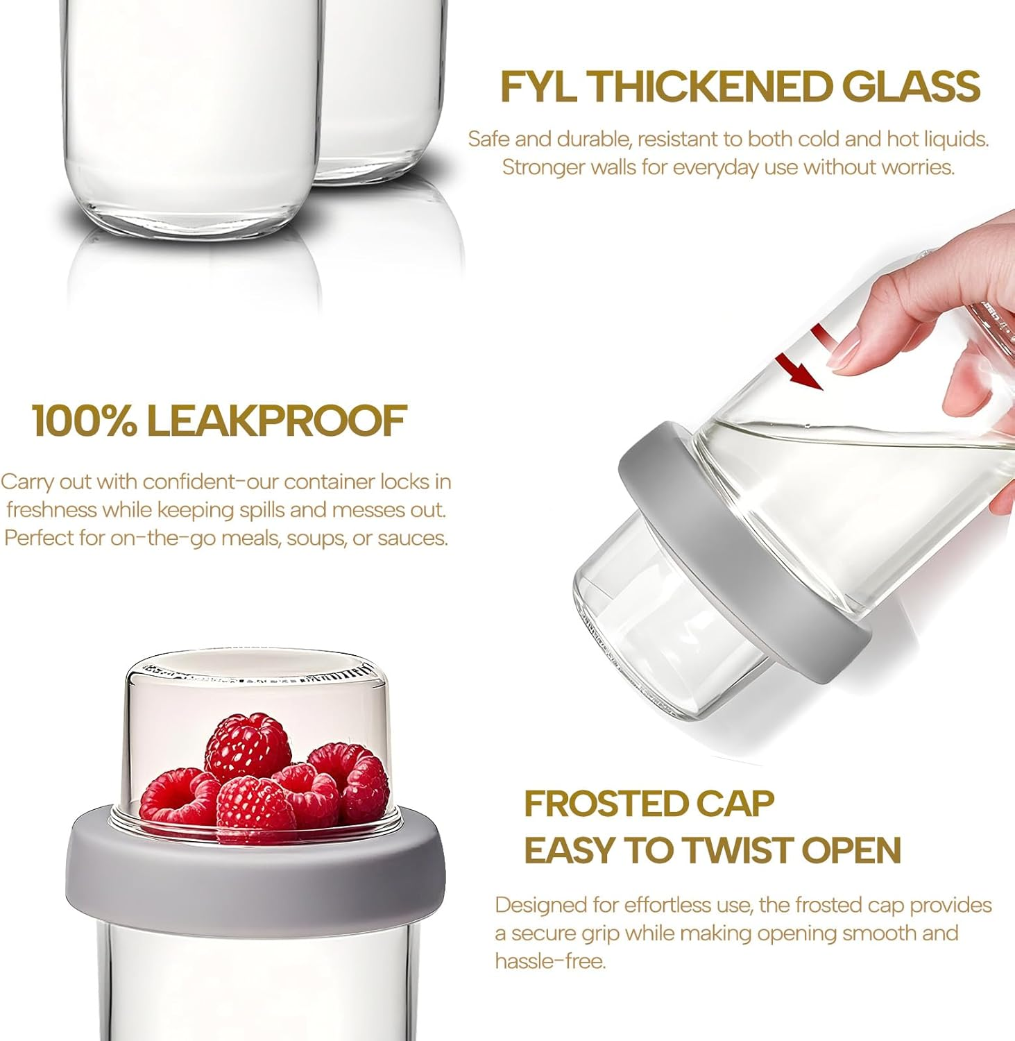 FYL Overnight Oats Container Jar, Dishwasher Safe Dual-Laryer Thickened Glass Meal Prep Containers with Lid Leakproof Jar for Breakfast Chia Pudding Salad Cereal Yogurt 4 Pack image number 4