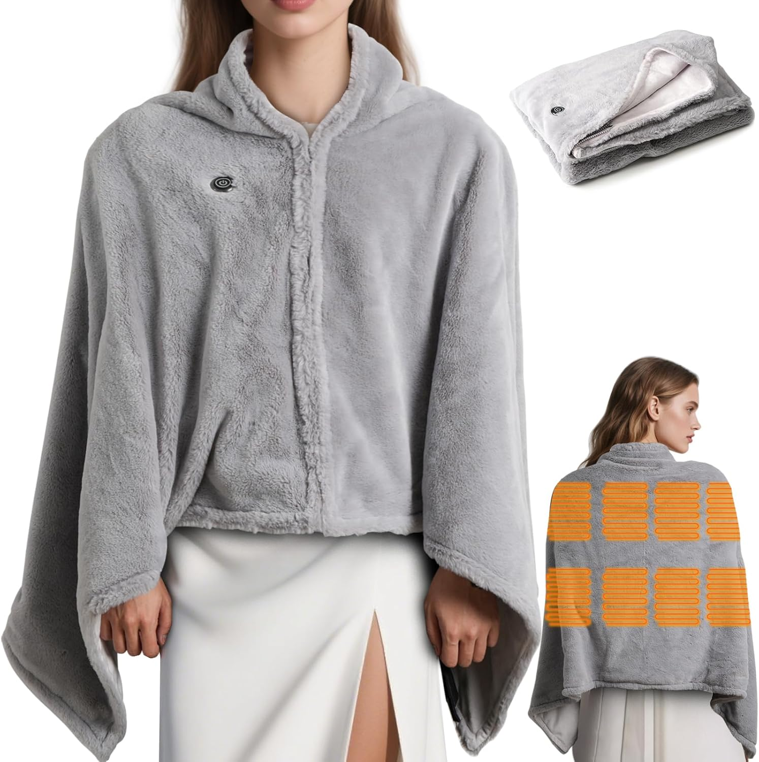 Portable Heated Shawl Travel Throw Blanket, Single Heated Poncho Electric Wraps with 3 Heating Levels & Zipper, Soft Plush Warm Shawl Wearable for Home Office,Usb Charging (No Power),150X80Cm image number 2