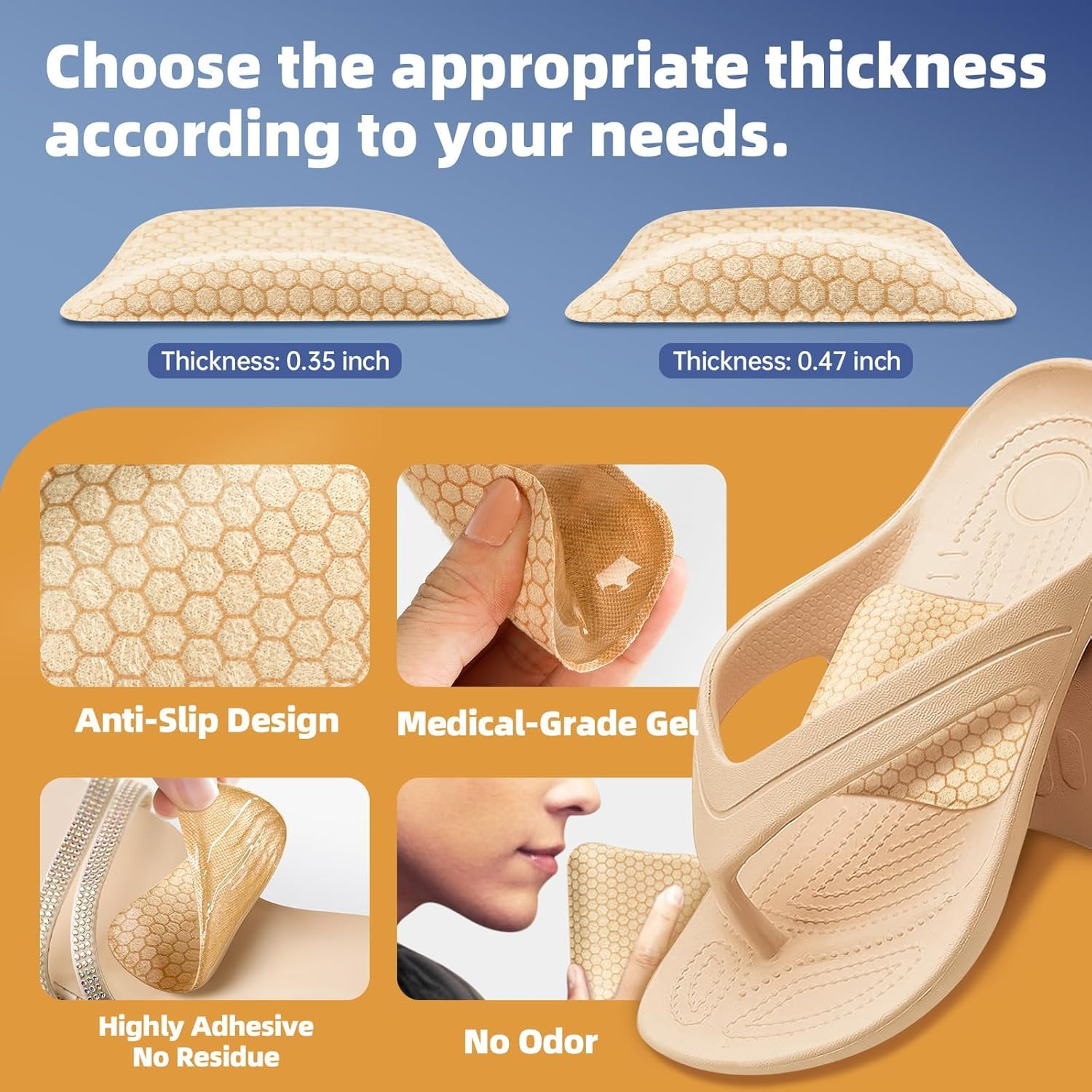 Arch Support Inserts Women for Flat Feet, Gel Arch Inserts for Plantar Fasciitis Relief, Non-Slip Arch Support Pads, Two-Option of Different Heights, Beige, Two Pair High: 0.47In image number 3