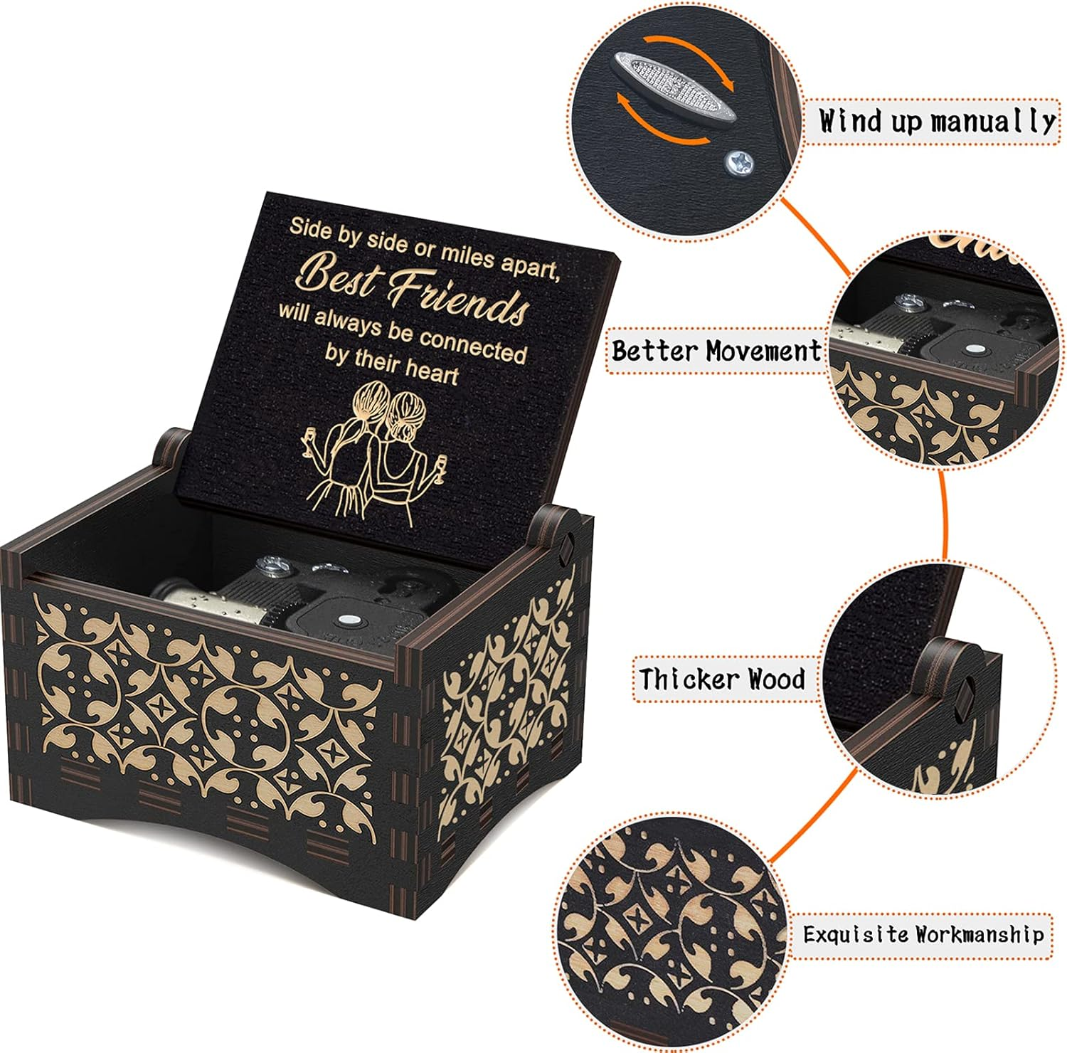 Side by Side or Miles Apart Mechanism Wood Music Box Mechanism Engraved Vintage You Are My Sunshine Tune Wooden Musical Box for Friend Sisters Women Girls Birthday Graduation - Not Sister By Blood image number 6