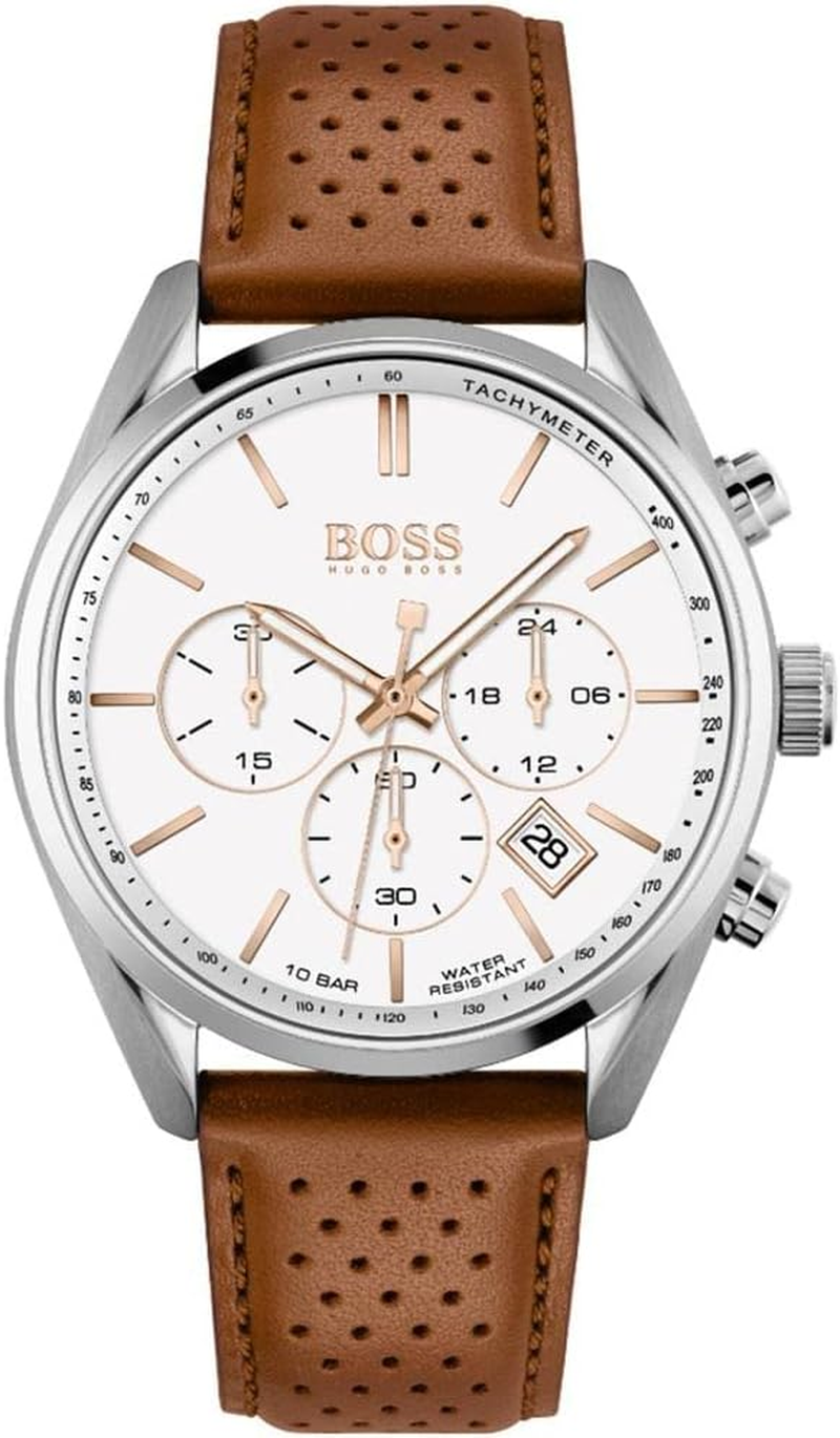 Hugo Boss Men'S Champion Brown Leather Quartz Chronograph Watch, 1513879, White, 44 Mm