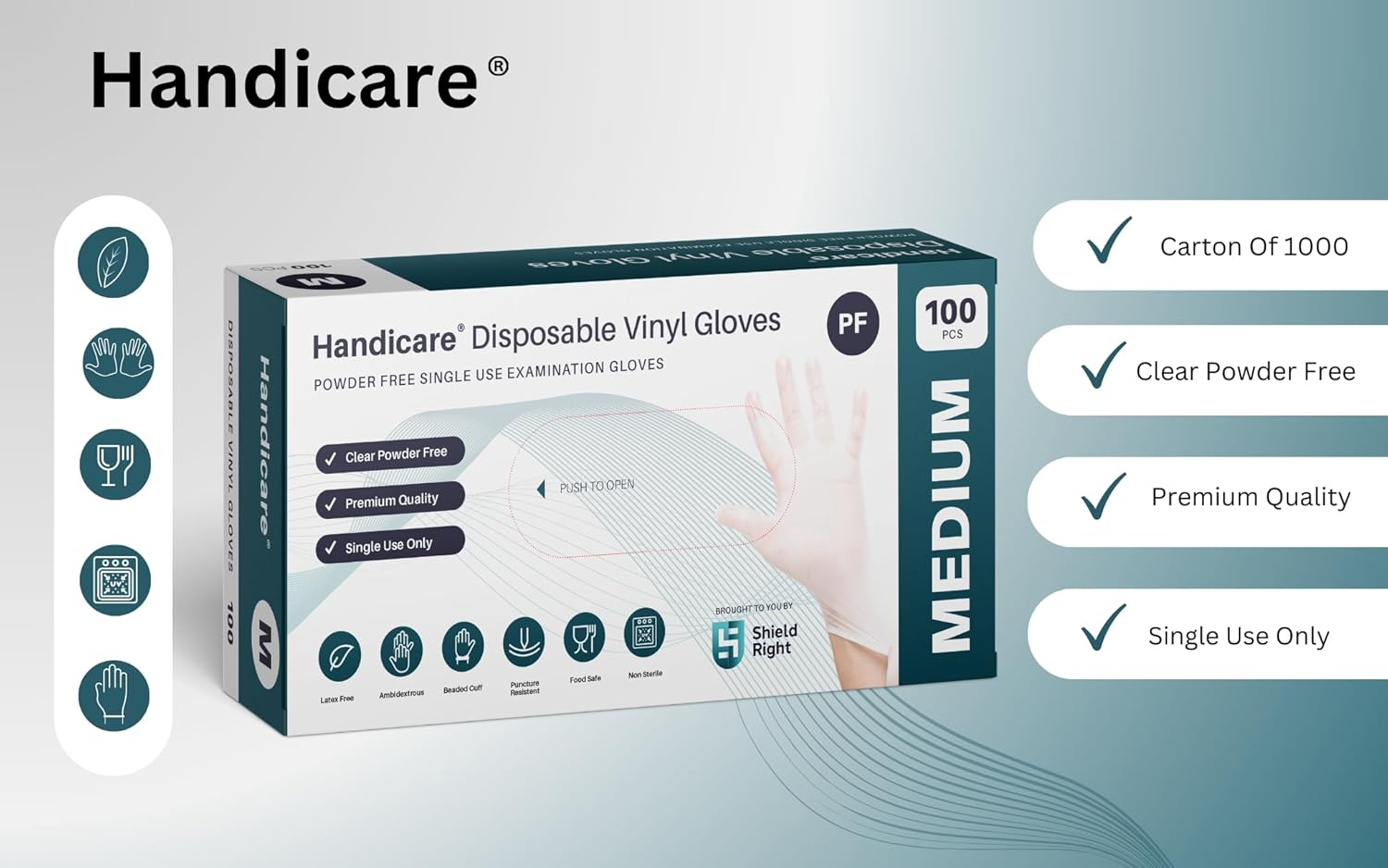 1000 Count Handicare Medical Vinyl Examination Gloves Latex Free Rubber (10 Boxes of 100) | Disposable, Ultra-Strong, Clear | Fluid, Blood, Exam, Healthcare, Food Handling Use | No Powder image number 1