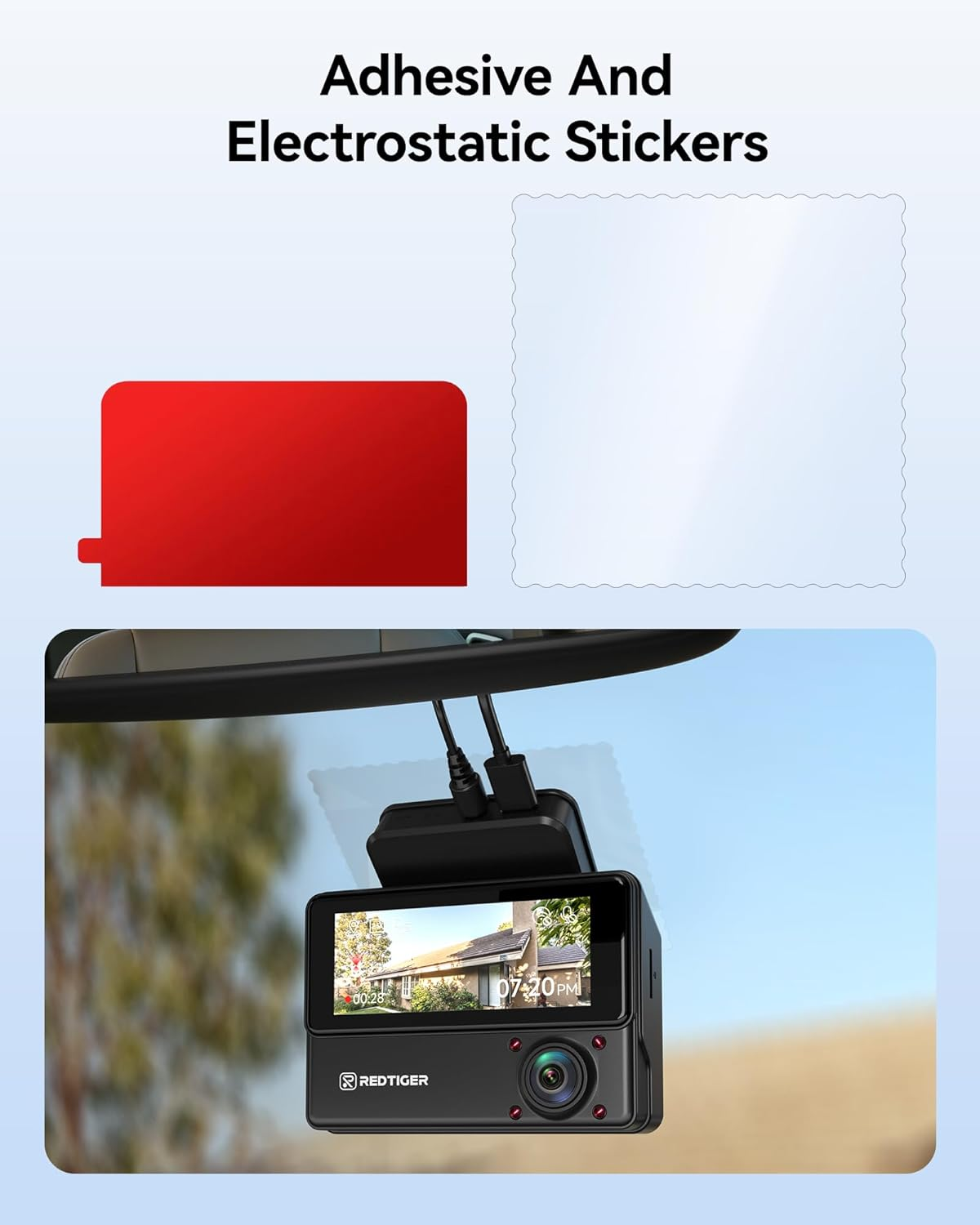 REDTIGER Adhesive and Electrostatic Stickers for VP20 Dash Cam Mounting, Strong Windshield Grip, No Sticky Residue, Double-Sided Design image number 3