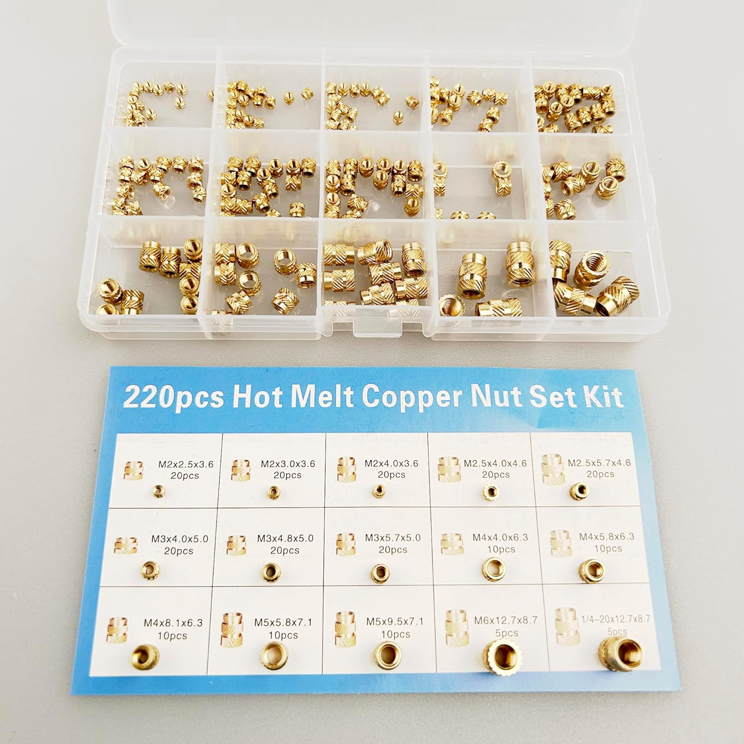 220Pcs Threaded Brass Inserts,M2,M2.5,M3,M4,M5,M6 and 1/4"-20 Heat Set Inserts and Brass Metric Knurled Nuts Assortment Kit for Plastic and 3D Printing Components