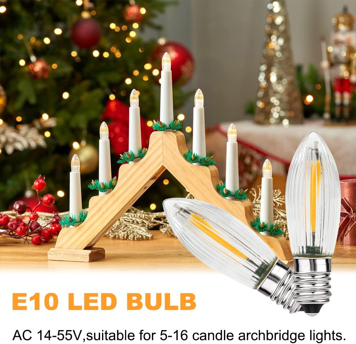 MZYOYO E10 LED Light Bulb, E10 LED Candles for Candle Arch, Candle Arch LED Candles 2100 K Warm White, E10 LED Tapered Candles LED Bulbs for Candle Arch, 0.2 W, 3 LM, AC14V-55V, Clear, Pack of 7 image number 3