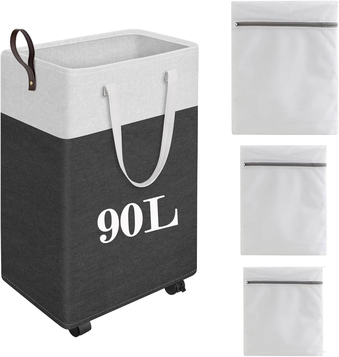 Laundry Basket,Laundry Hamper with Wheels,Collapsible Dirty Clothes Hamper with 3 Mesh Bags for Bathroom,Dorm,Bedroom,Grey,90L image number 3