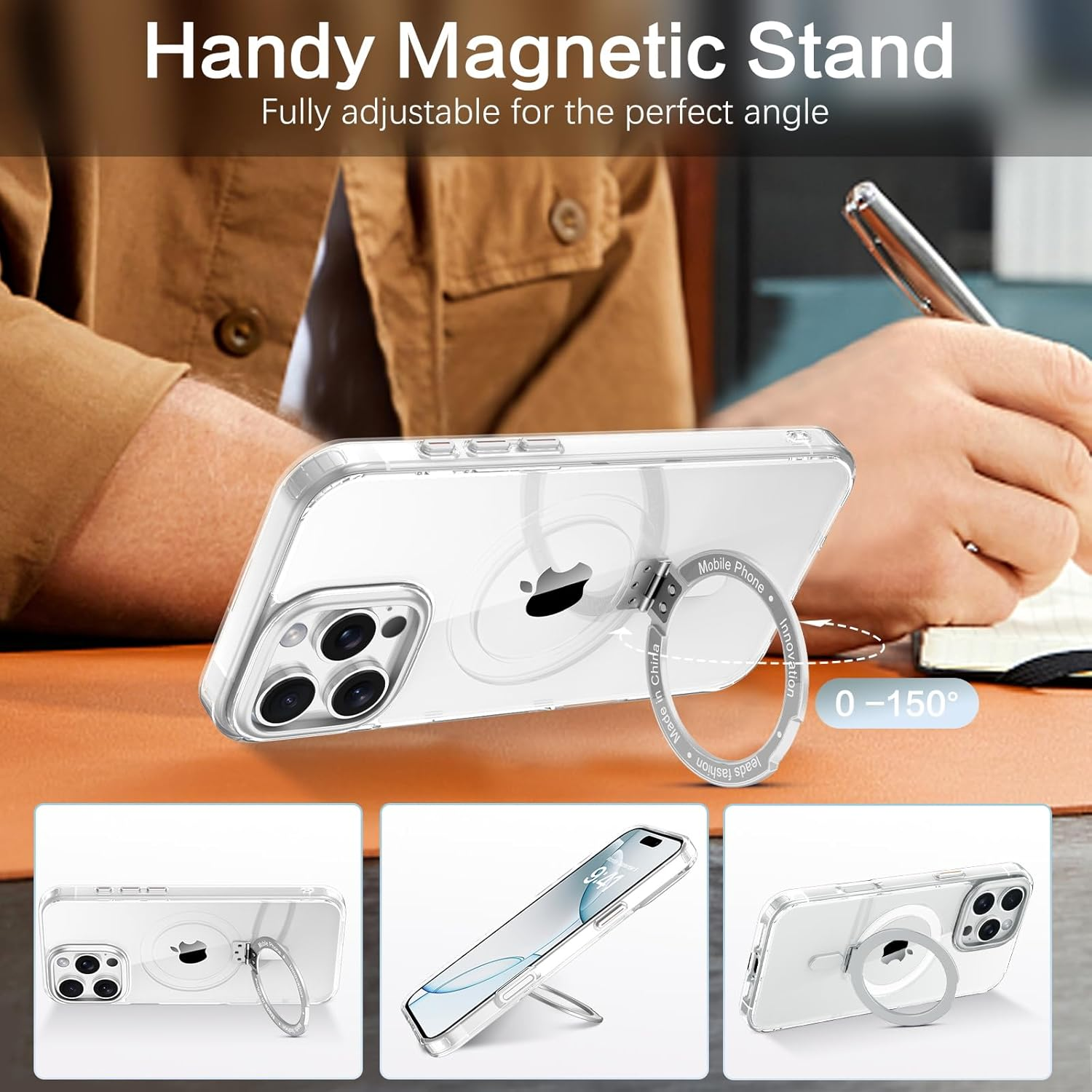 DOMAVER Magnetic for Iphone 16 Pro Max Case with 360&deg; Rotatable Ring Stand, Compatible with Magsafe, Military-Grade Drop Protection, Slim Shockproof Phone Case for Iphone 16 Pro Max 6.9", Clear image number 3