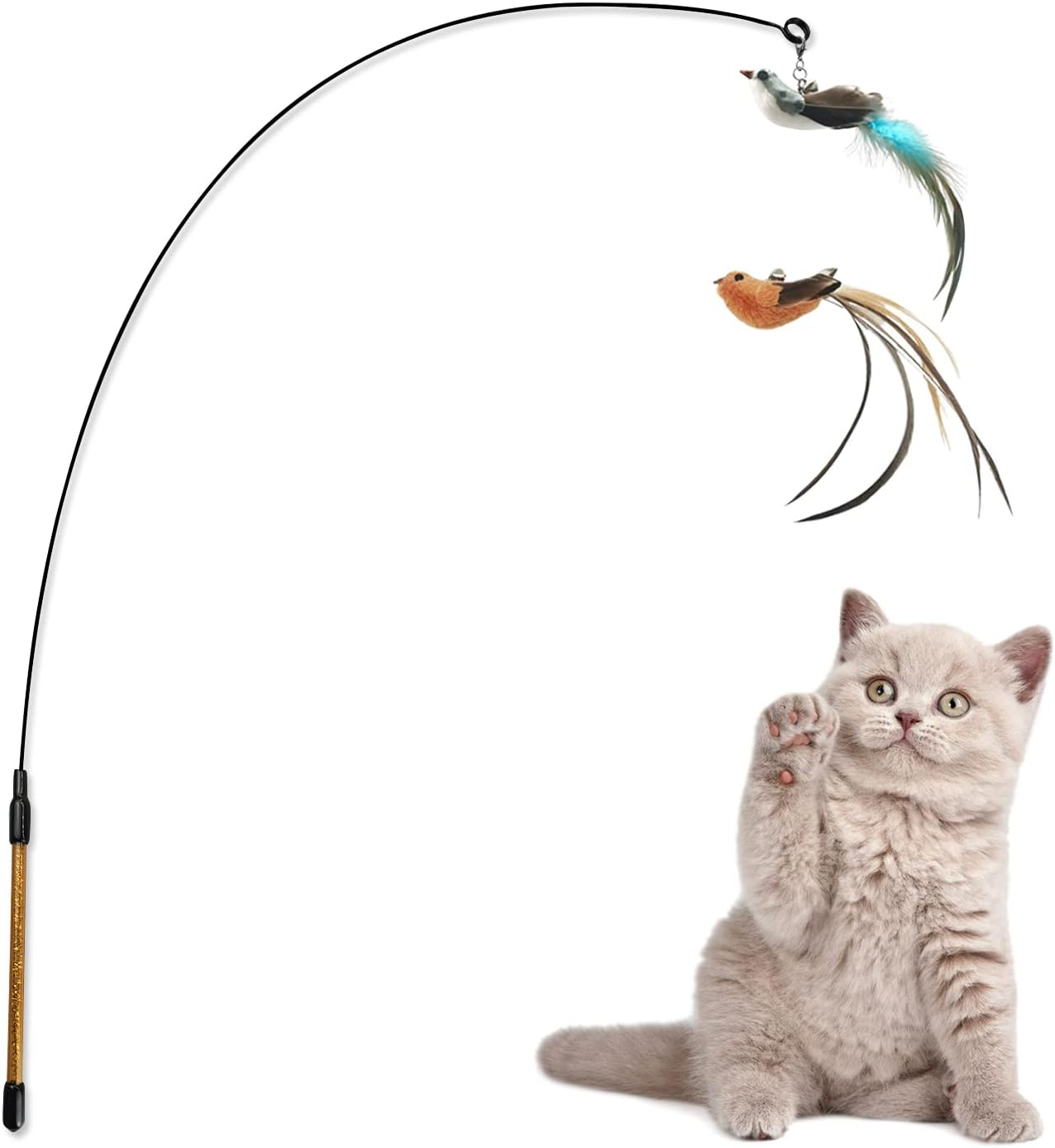 Andiker Interactive Cat Toy with Bell, Cat Wand with 2 Artificial Birds Replacement, Cat Feather Wand for Playing and Training, Funny Cat Sticks for Indoor and Outdoor Exercise (Blue+Brown)