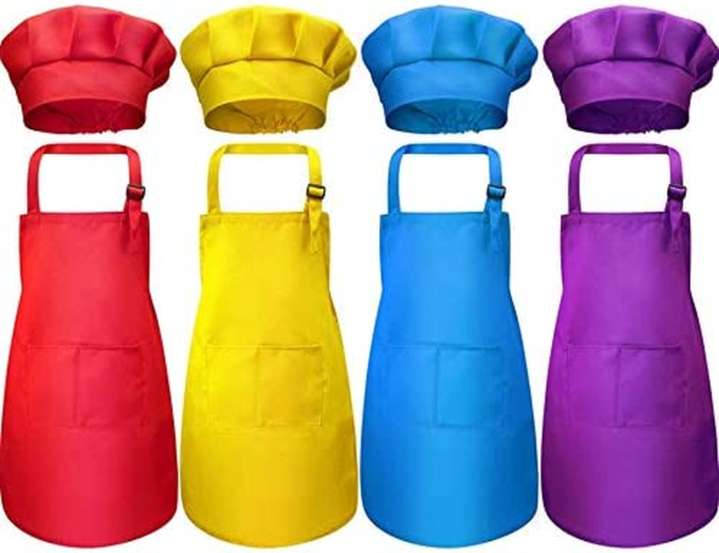 4 Children'S Apron and Chef Hat Sets, Adjustable, with 2-Pocket Kitchen Apron