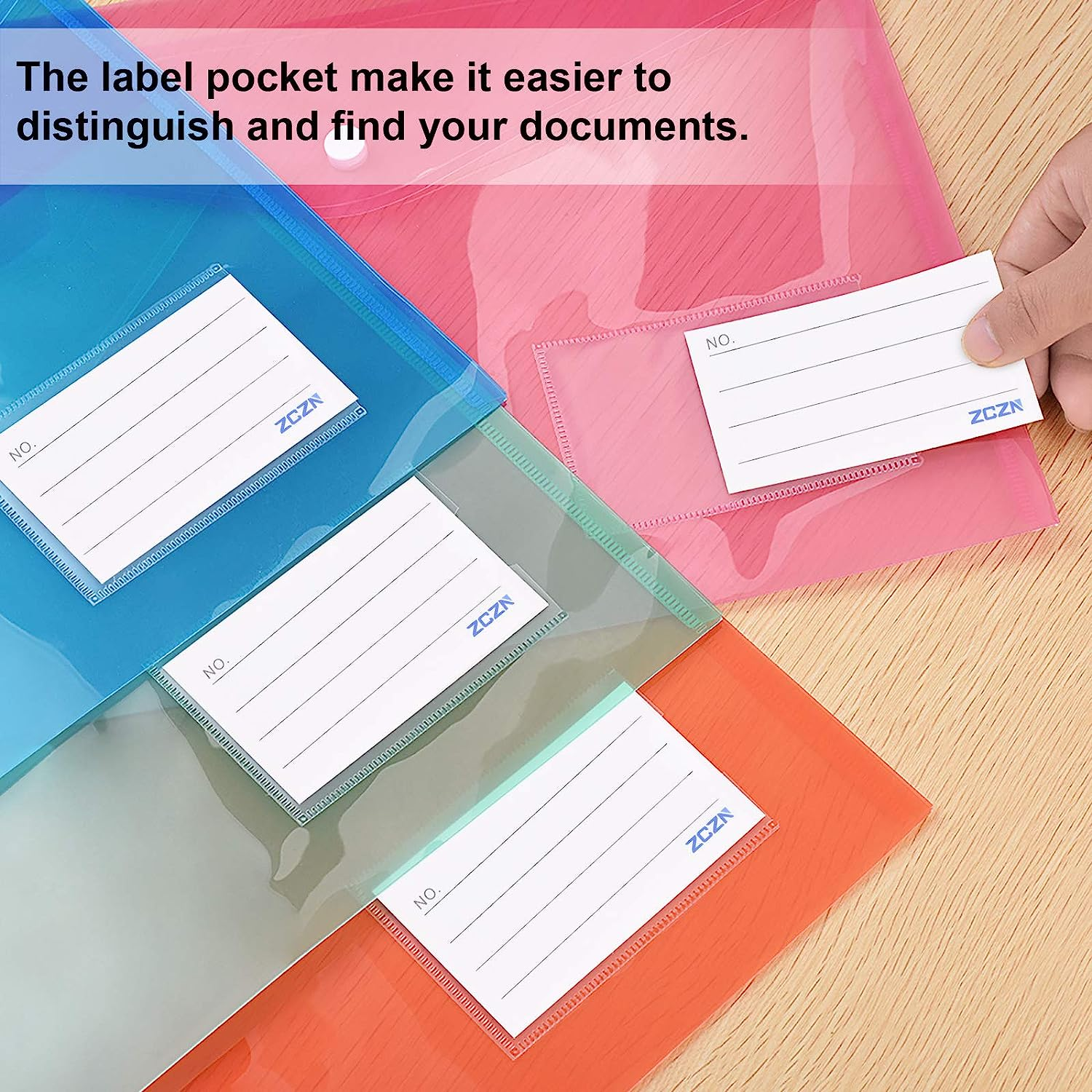 ZCZN 24 Pack Plastic File Folder Envelopes with Label Pocket, 6 Transparent Assorted Colours Document Folders image number 4