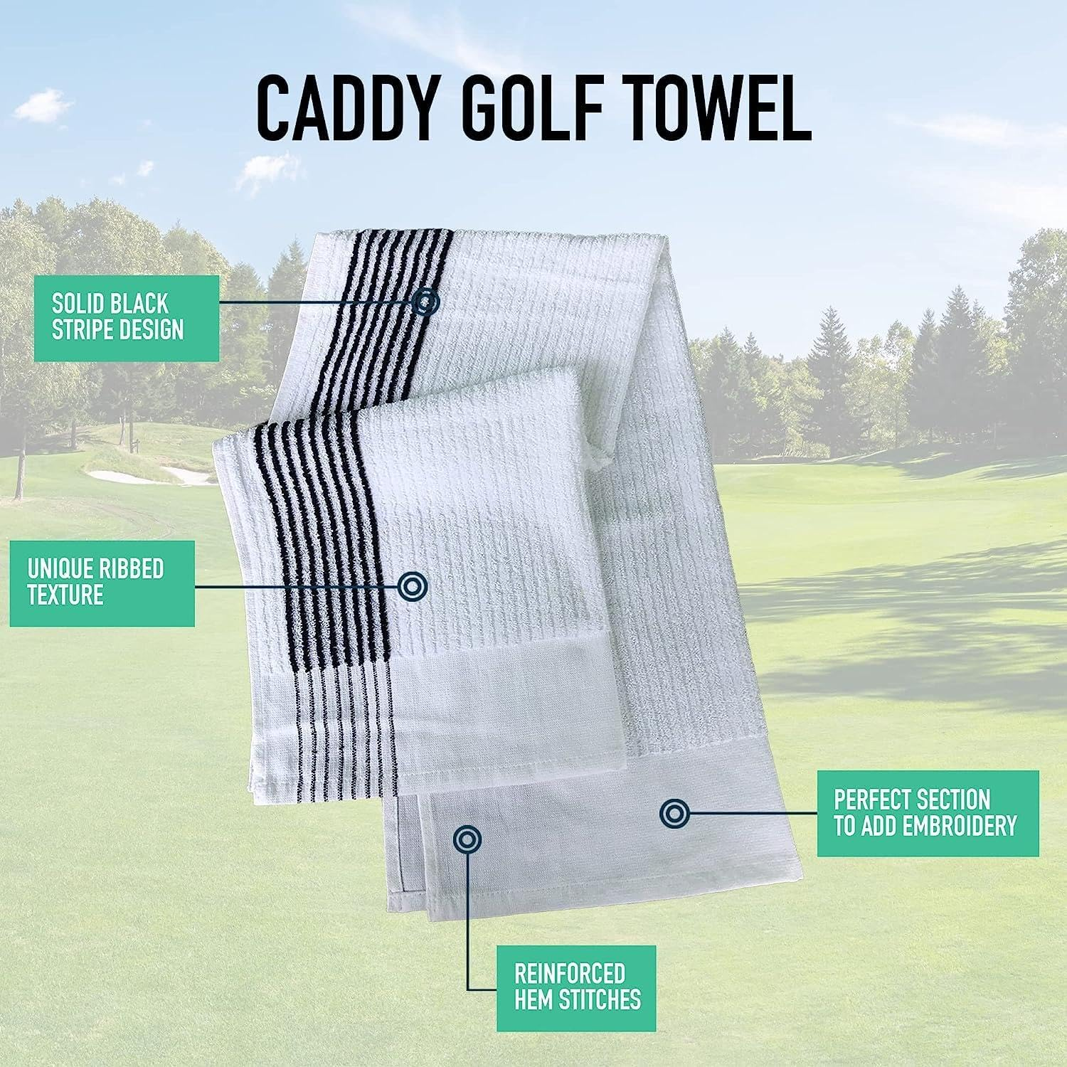 E9 GOLF Caddy Towel - Large 22" X 44" Caddie Style Golf Towel Design, Use the Same Golf Towel That Tour Players Use, Simple, Clean Design, White with Black Stripes