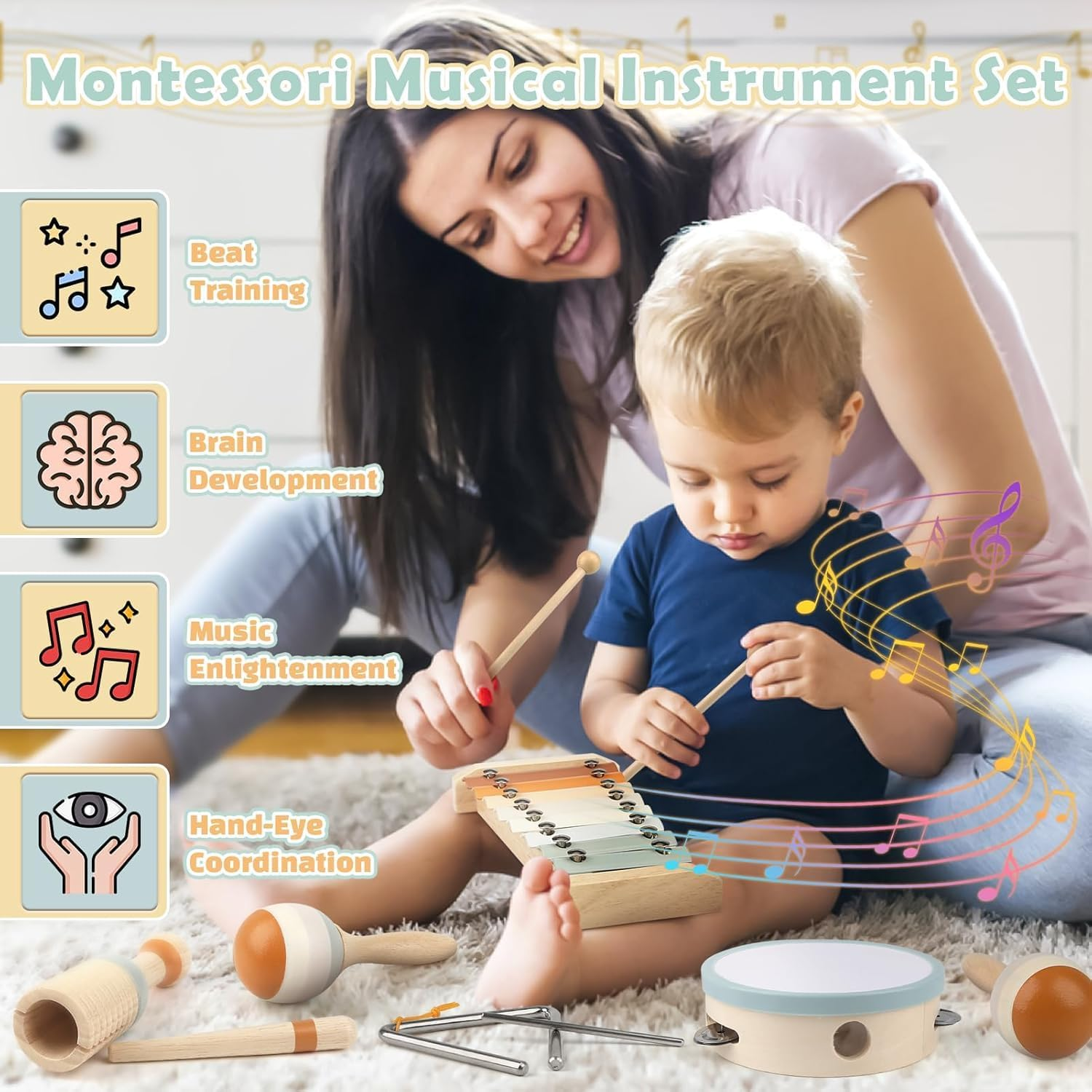 Kids Wooden Musical Instruments Toys, 6 in 1 Toddlers Music Enlightenment Percussion Toys Xylophone Drum Tambourine Sensory Toys for Baby Boy Girl Gift image number 2
