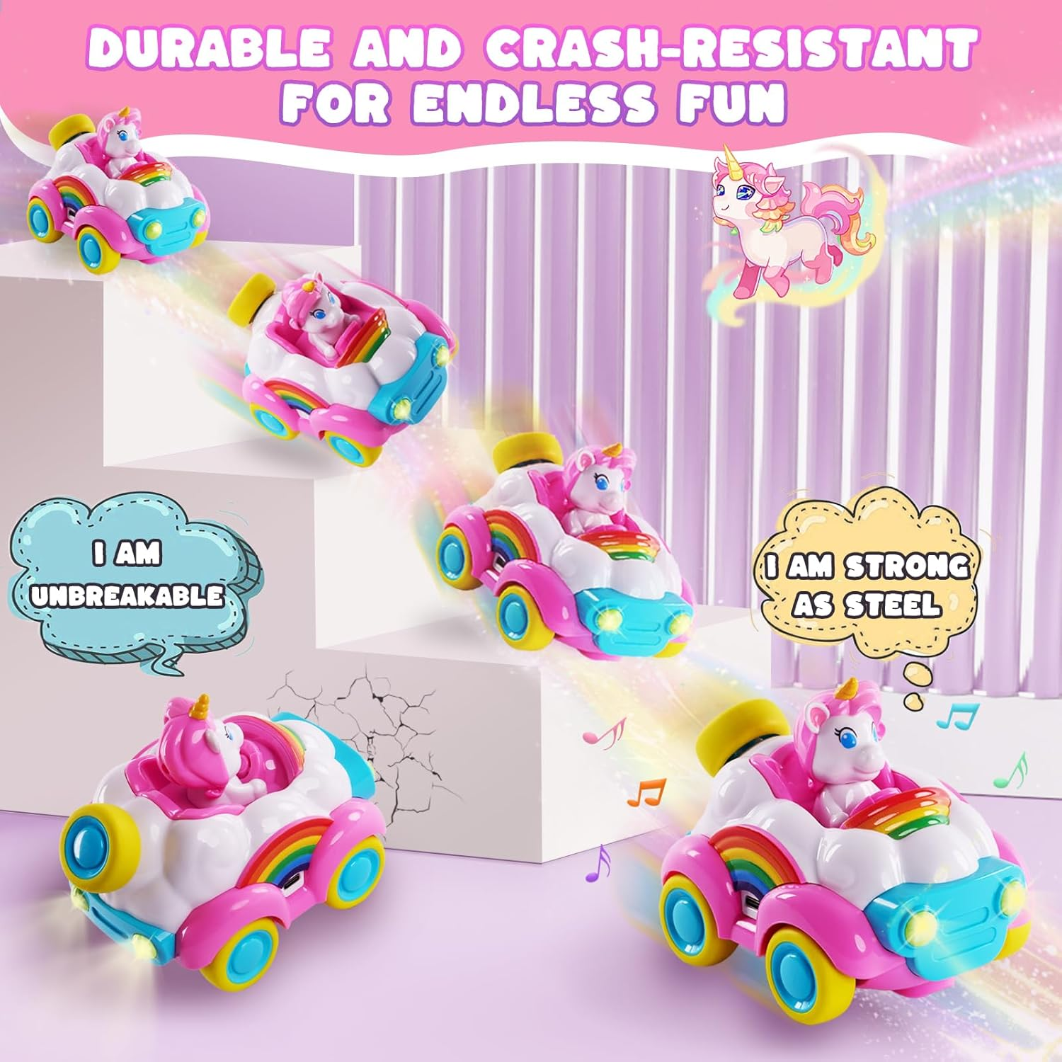 Remote Control Car, Pink Unicorn RC Cars, Cartoon RC Race Car with Cute Cool LED Lights, Toy Car with Music & Sound Toy for Toddler Kids, Baby Toys Birthday Gifts for Kids Girl Age 1 2 3 image number 5