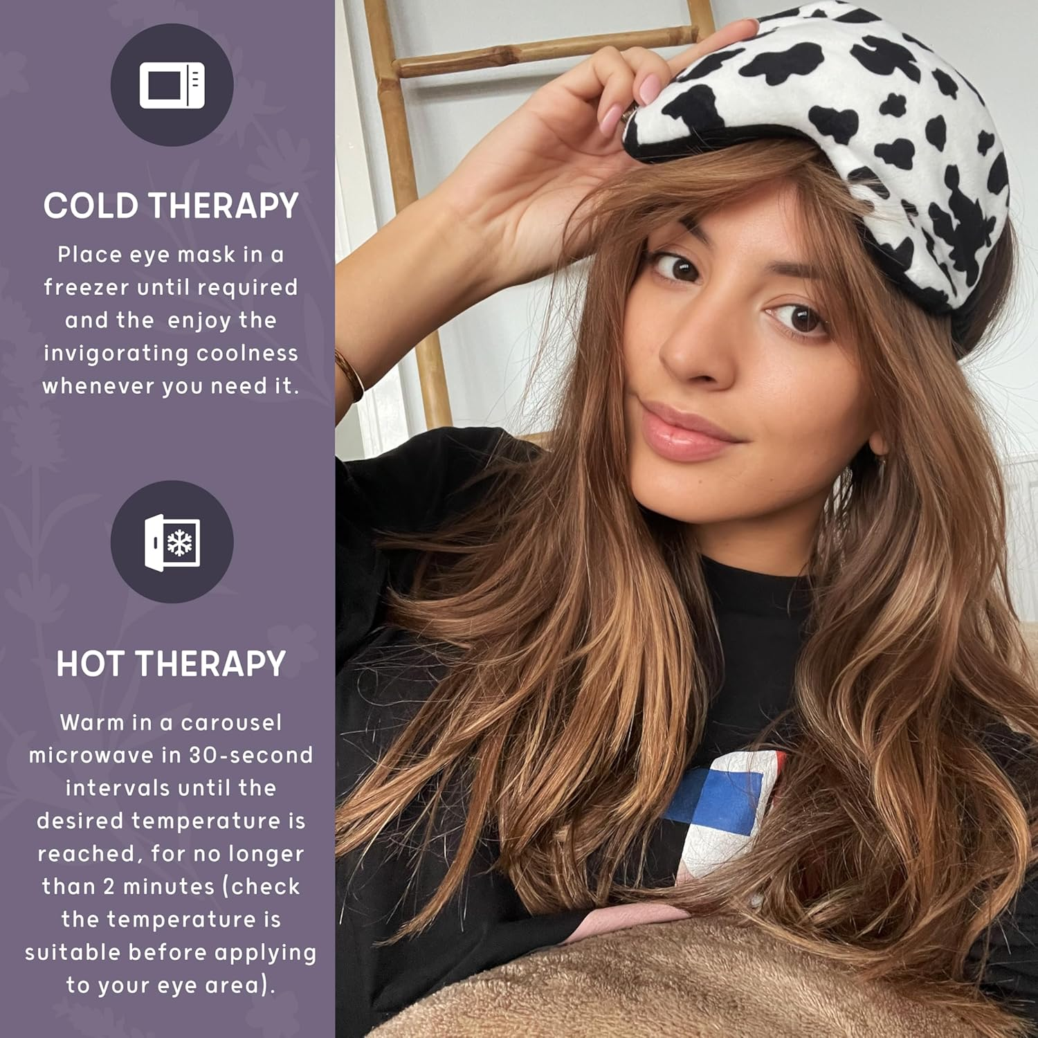 Level Deep Therapy Lavender Weighted Wheat Eye Masks - Microwaveable & Freezable - Soothing Heat Masks - Pain & Stress Relief - Migraines, Anxiety & Tension - Cow Print image number 2