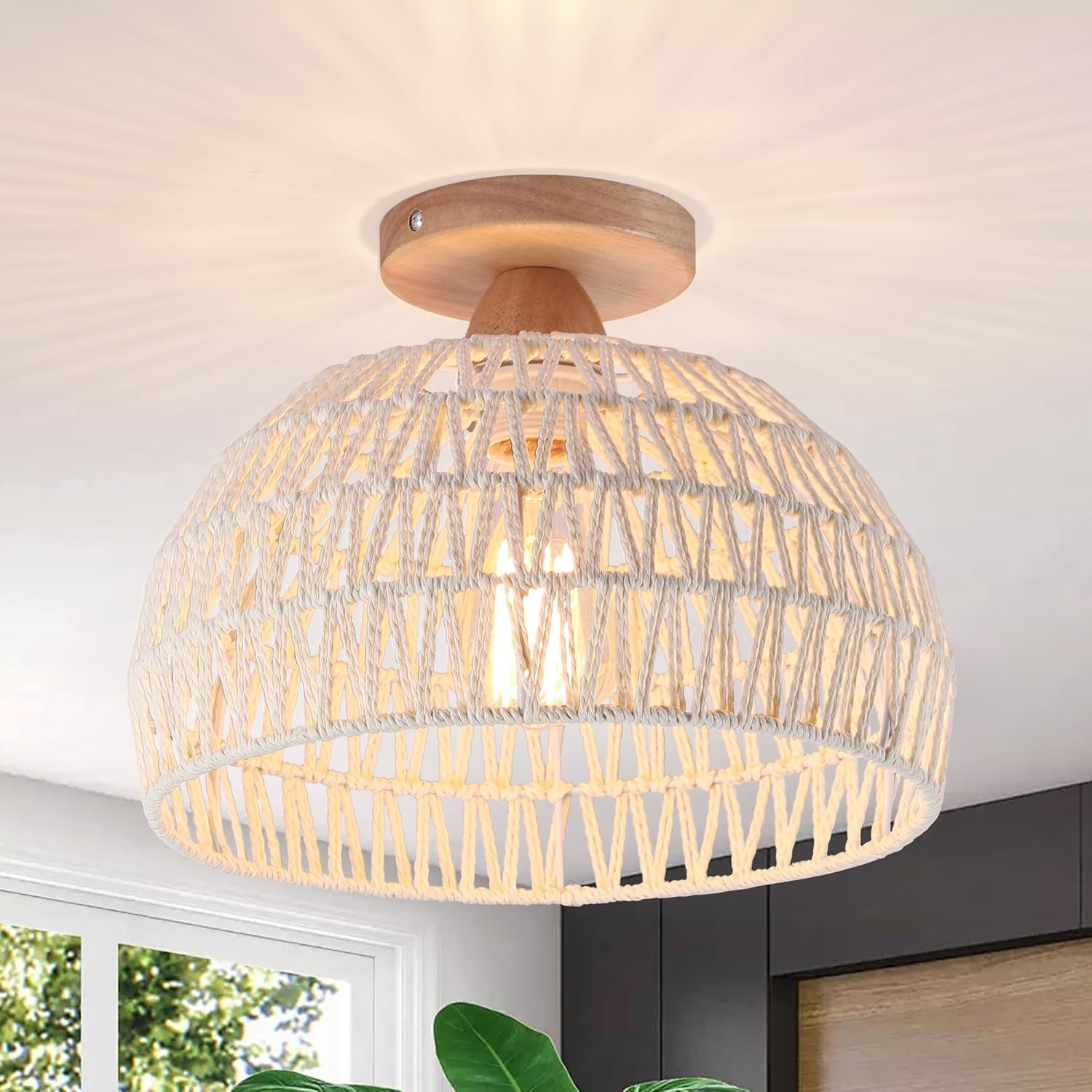 Oninio Rattan Ceiling Light,Boho Semi Recessed Ceiling Light,Handmade Lighting Fixtures,E27 Vintage Chandelier Rustic White Rattan Lamp for Living Room Bedroom Dining Kitchen Bulb Not Included - Rattan Lamp/2-Lights/Brown/12Cm image number 2